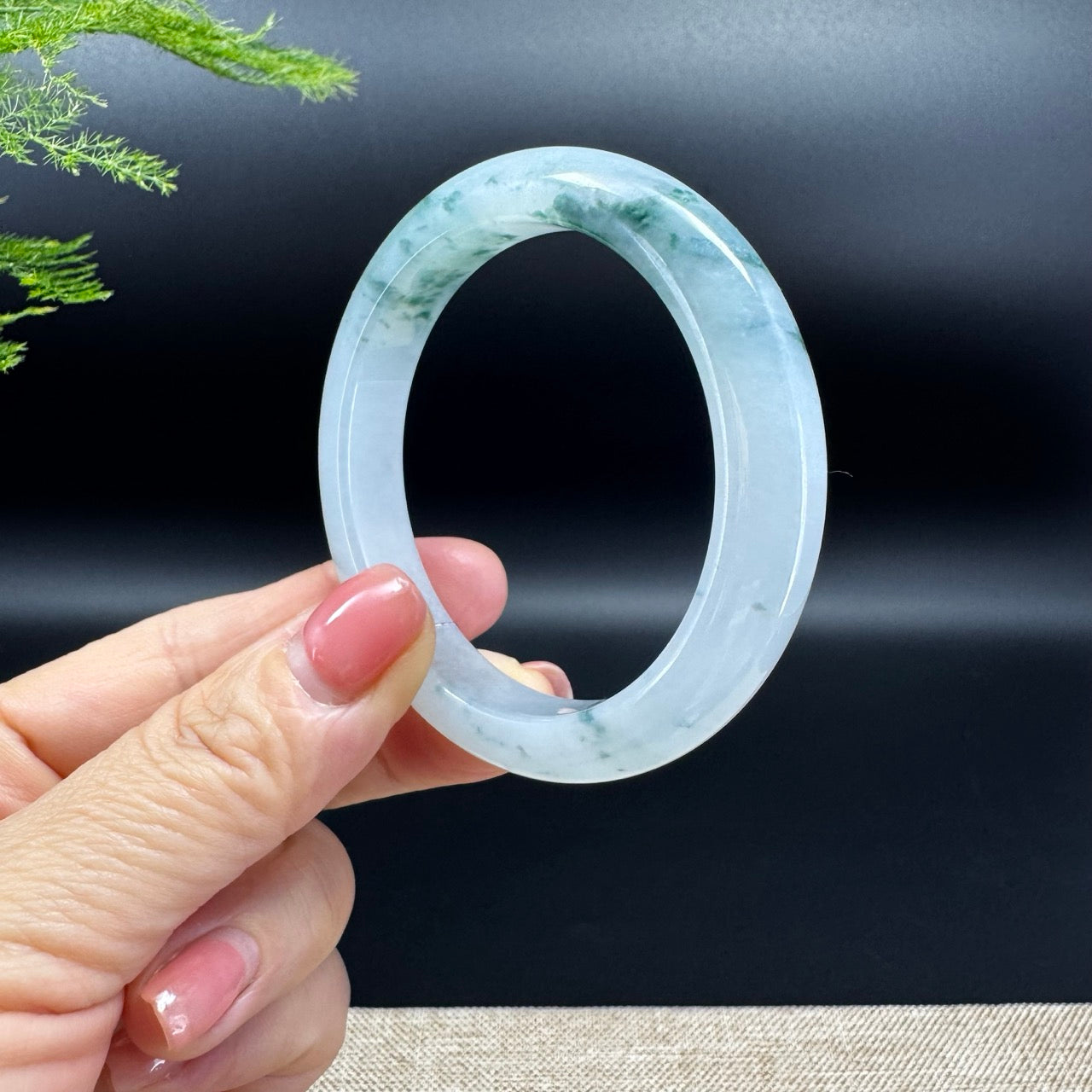 Genuine Burmese Icy Blue Flower Jadeite Jade Bangle Bracelet (51.9mm)