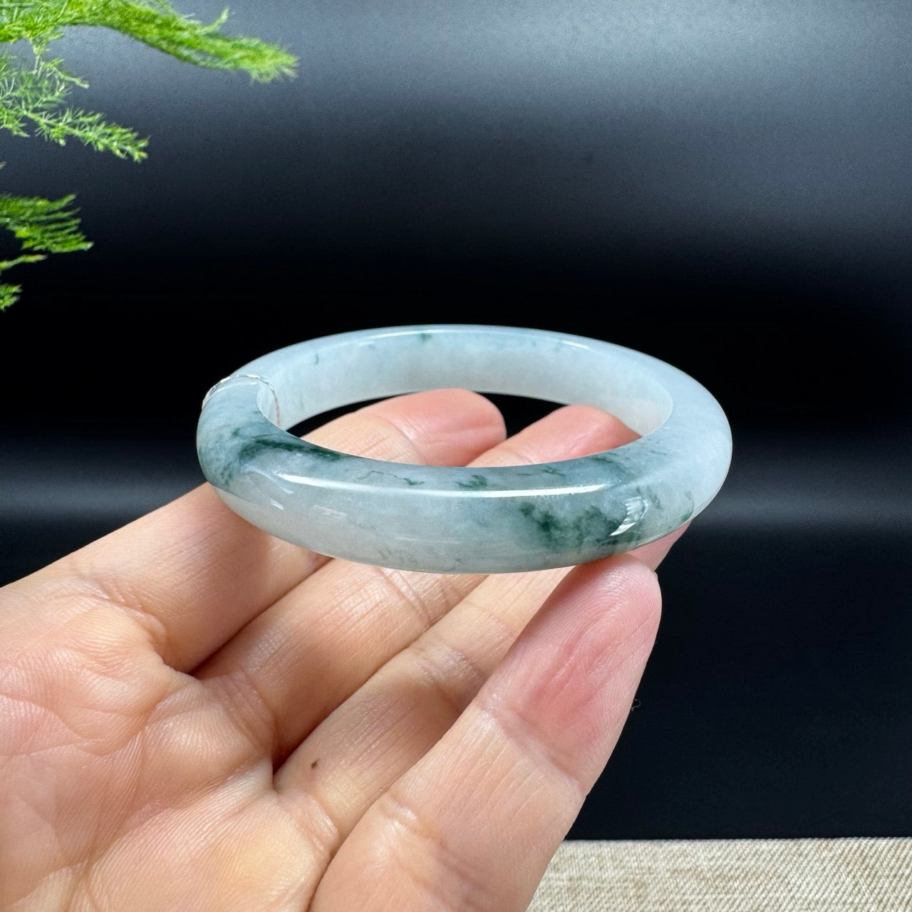 Genuine Burmese Icy Blue Flower Jadeite Jade Bangle Bracelet (51.9mm)