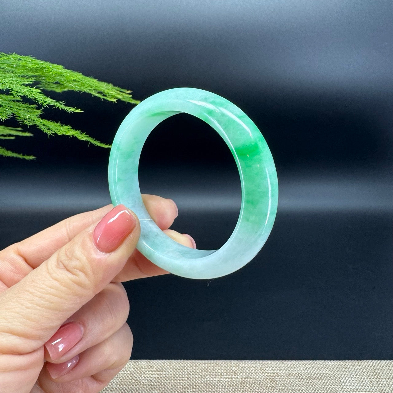 Genuine Burmese W/Green Jadeite Jade Bangle Bracelet ( 53.8*46.5mm )