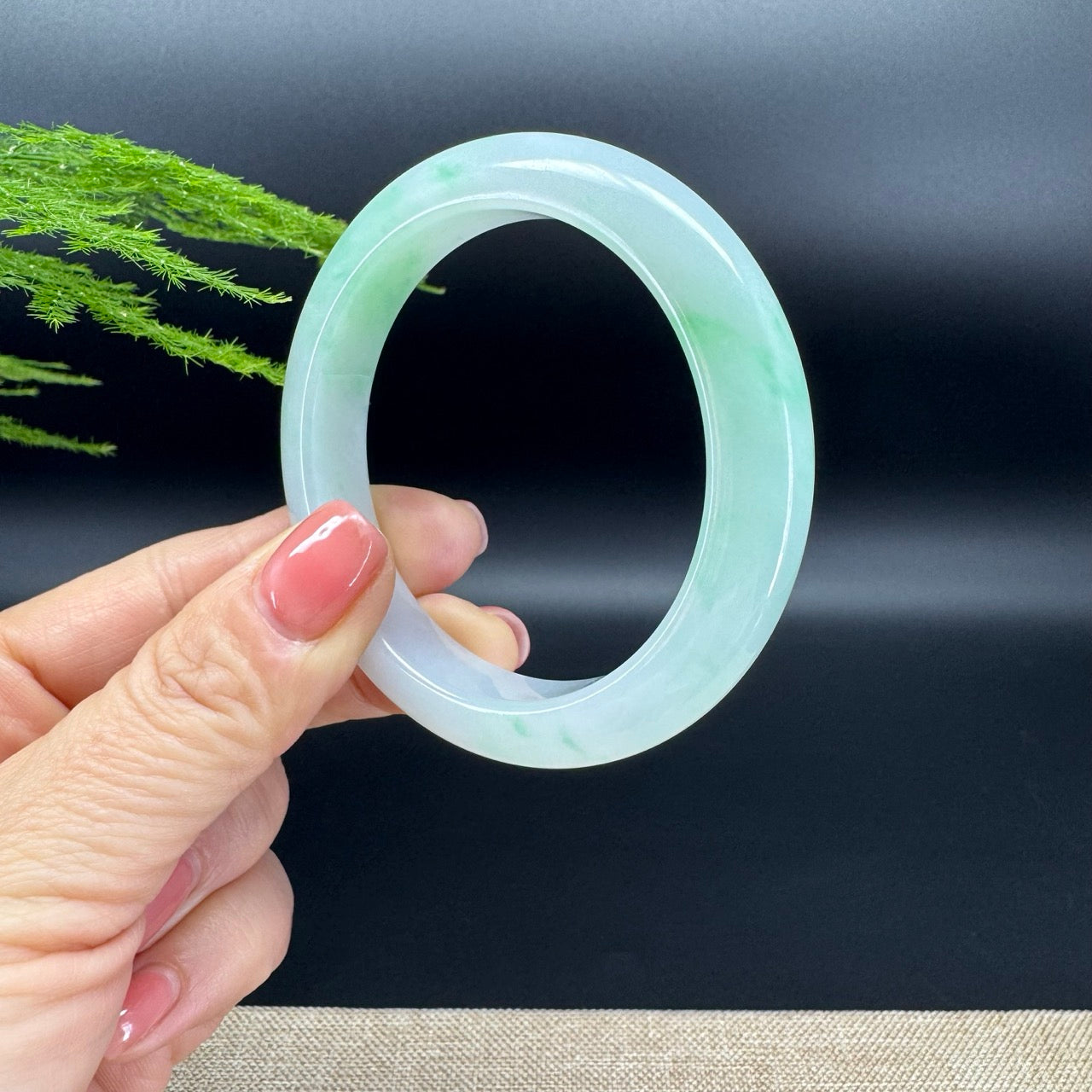 Genuine Burmese Icy White Green(BDQ) Jadeite Jade Bangle Bracelet ( 54.2mm )