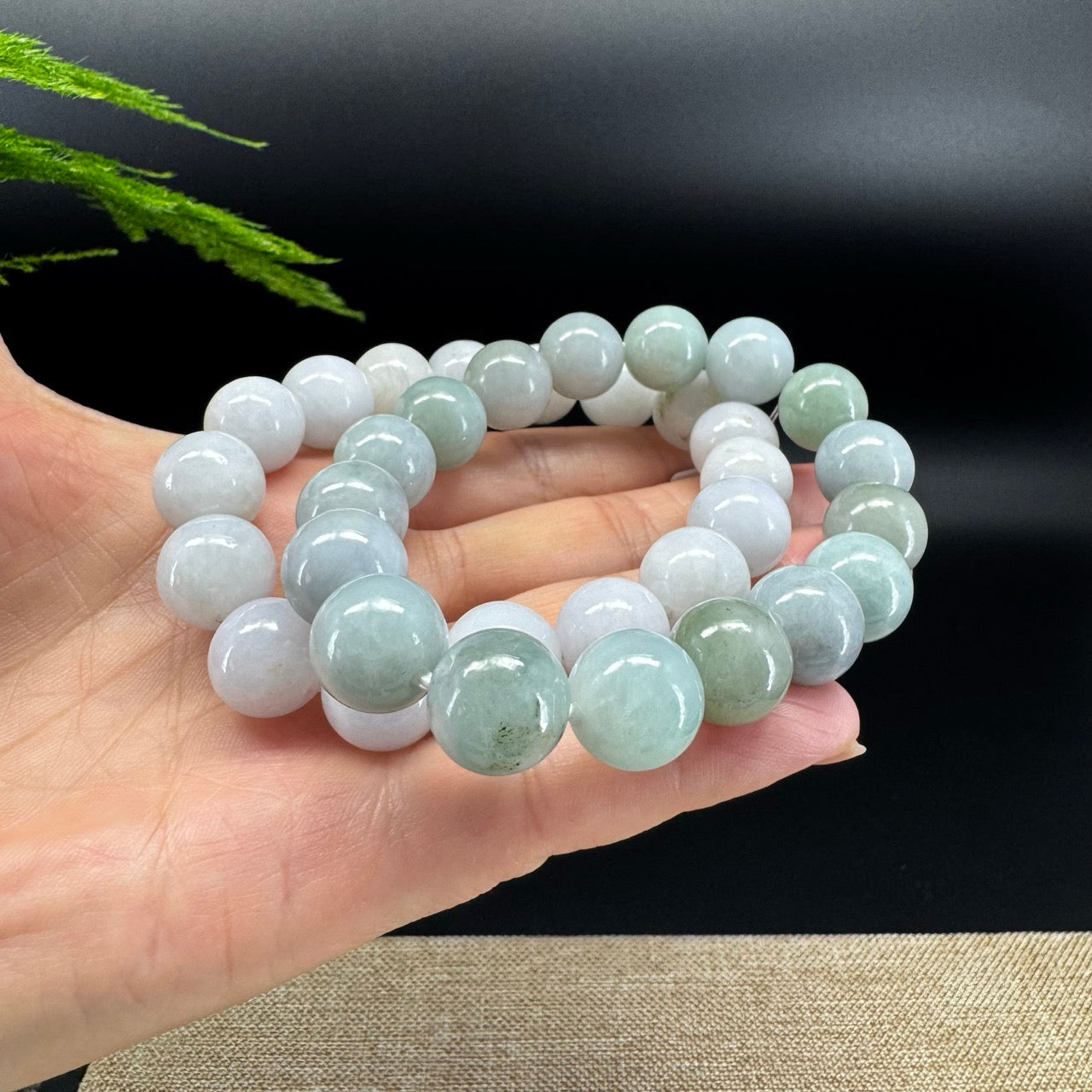 RealJade® Genuine Jadeite Jade Round White Green Beads Bracelet ( 13.5mm ) For Men