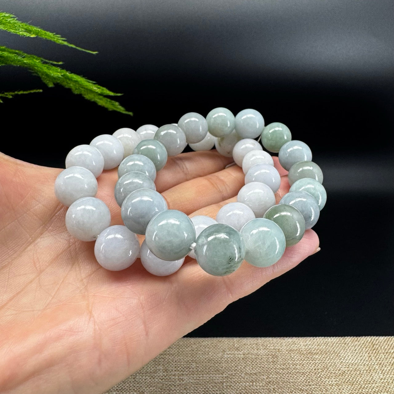 RealJade® Genuine Jadeite Jade Round White Green Beads Bracelet ( 13.5mm ) For Men