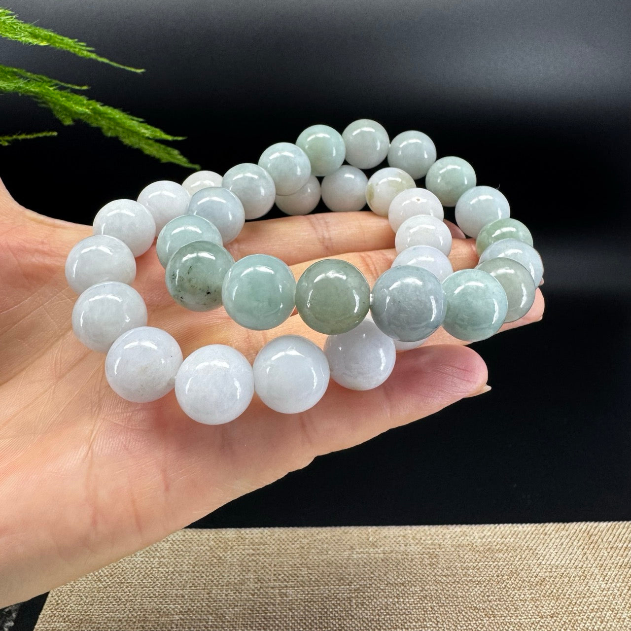 RealJade® Genuine Jadeite Jade Round White Green Beads Bracelet ( 13.5mm ) For Men