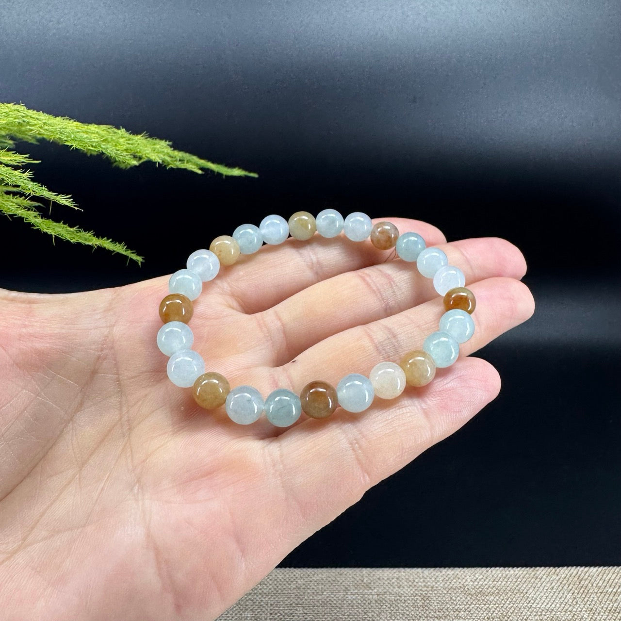 Natural Jadeite Jade Round Icy Yellow Brown Beads Bracelet ( 7.3 mm )