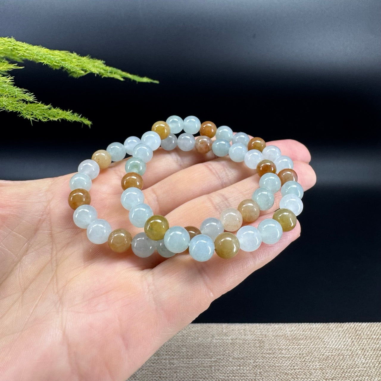 Natural Jadeite Jade Round Icy Yellow Brown Beads Bracelet ( 7.3 mm )