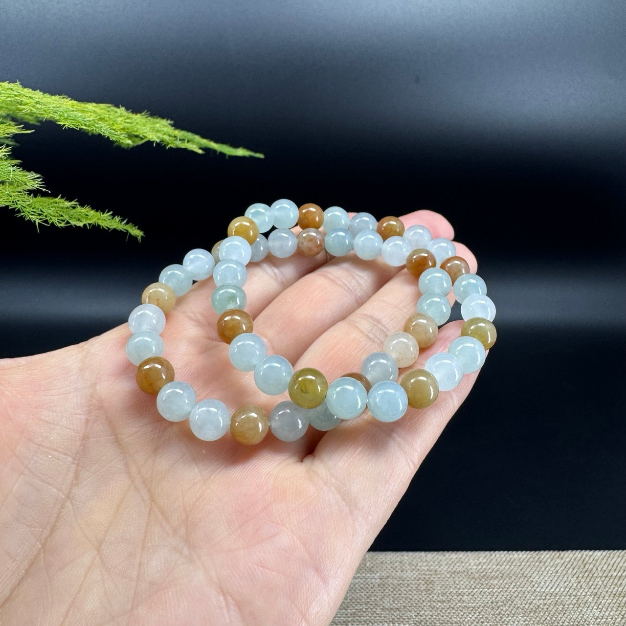 Natural Jadeite Jade Round Icy Yellow Brown Beads Bracelet ( 7.3 mm )