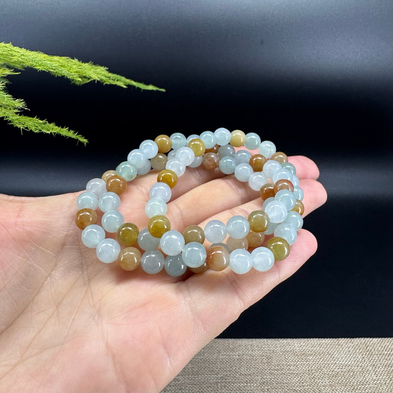 Natural Jadeite Jade Round Icy Yellow Brown Beads Bracelet ( 7.3 mm )