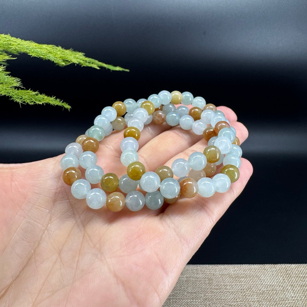 Natural Jadeite Jade Round Icy Yellow Brown Beads Bracelet ( 7.3 mm )