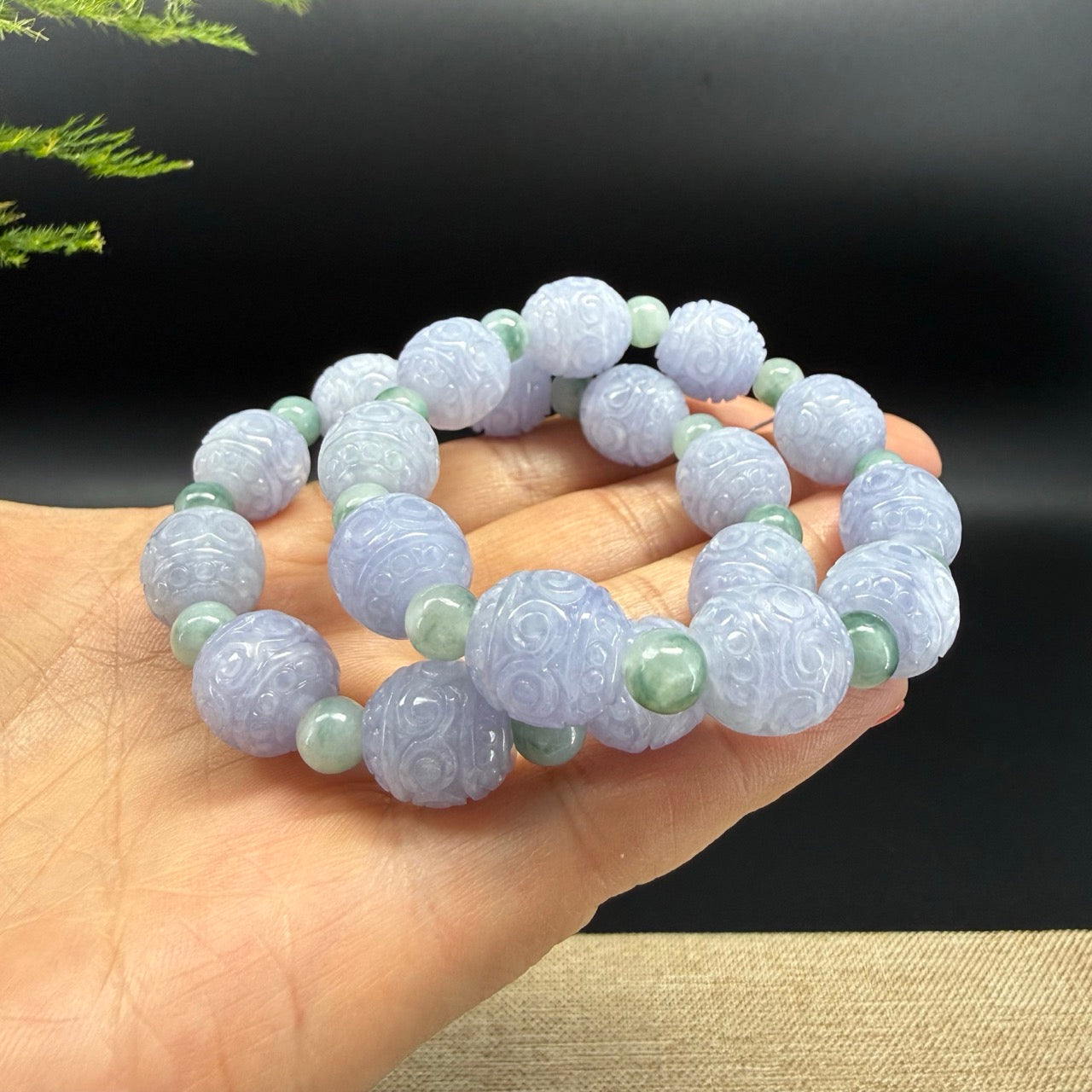 RealJade® Co. Genuine Lavender Jadeite Jade Carved Beads Bracelet (12mm)