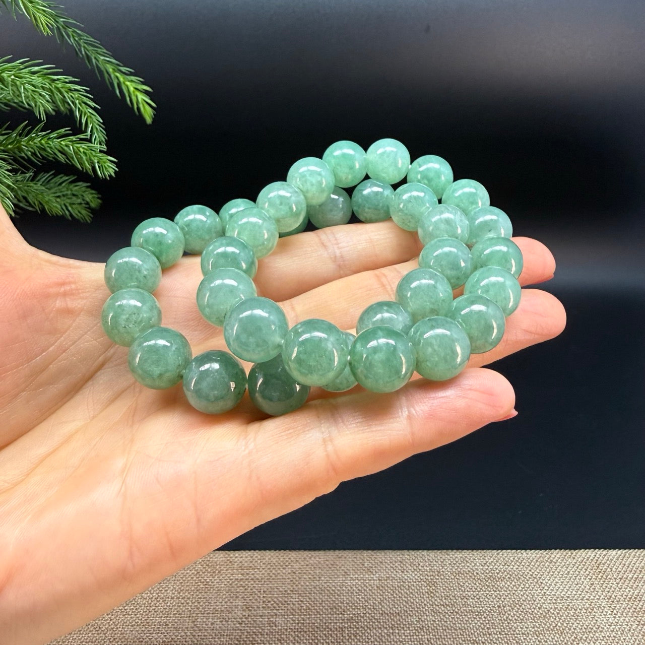 RealJade® Co. Genuine Jadeite Jade Round Green Beads Bracelet (12.3mm)