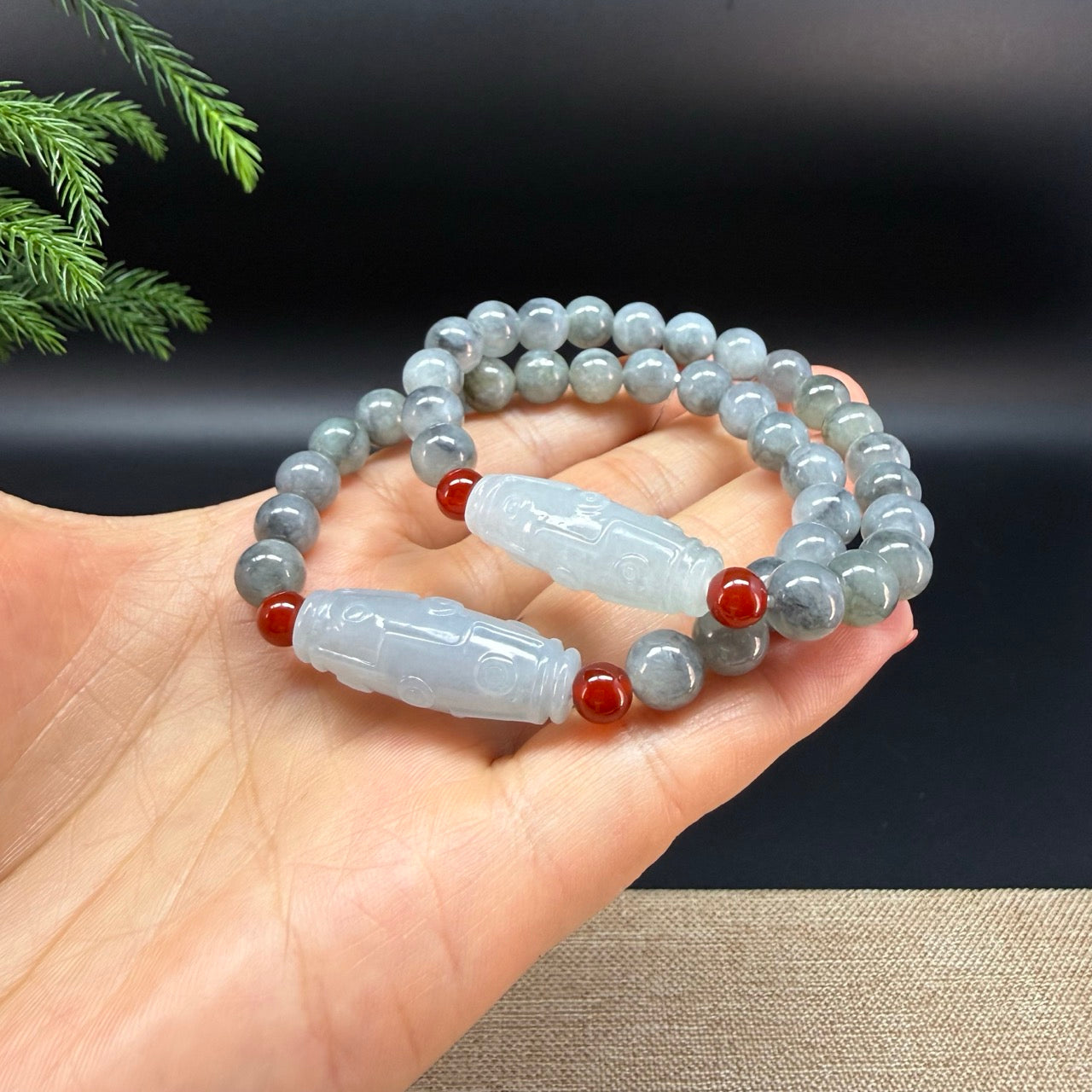 RealJade® Co. Genuine Jadeite Jade Round Icy Wuji Dzi Beads Bracelet (8mm)