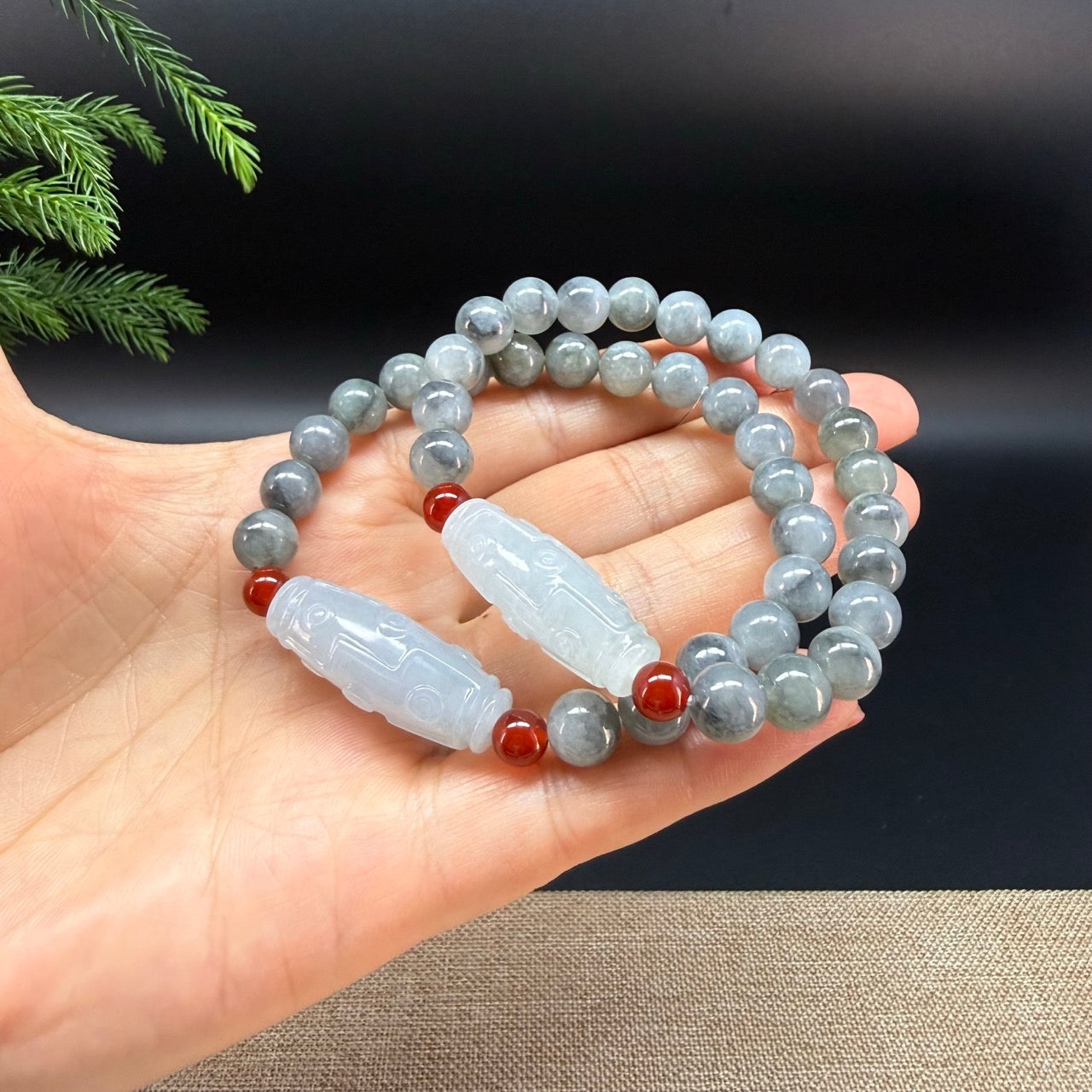 RealJade® Co. Genuine Jadeite Jade Round Icy Wuji Dzi Beads Bracelet (8mm)