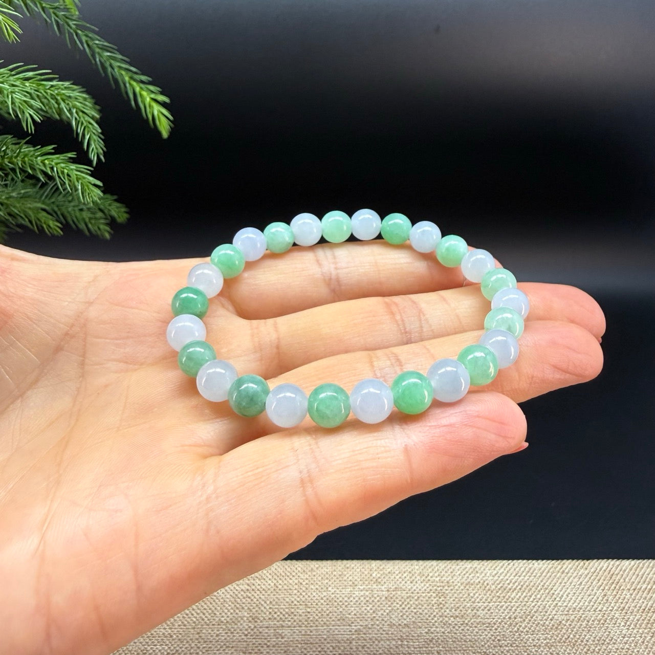 RealJade® Co. Genuine Jadeite Jade Round White Green  Beads Bracelet (6.9mm)