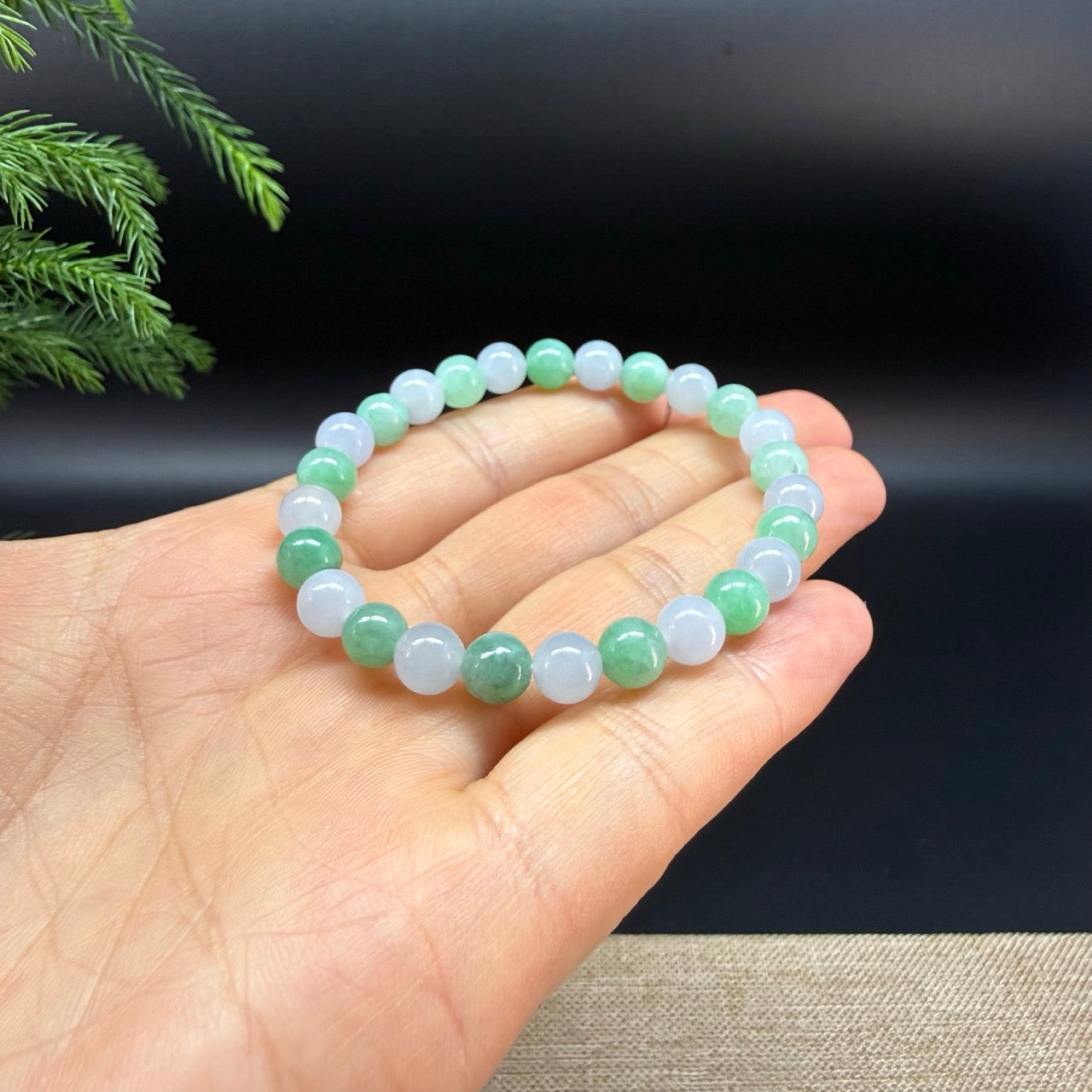 RealJade® Co. Genuine Jadeite Jade Round White Green  Beads Bracelet (6.9mm)