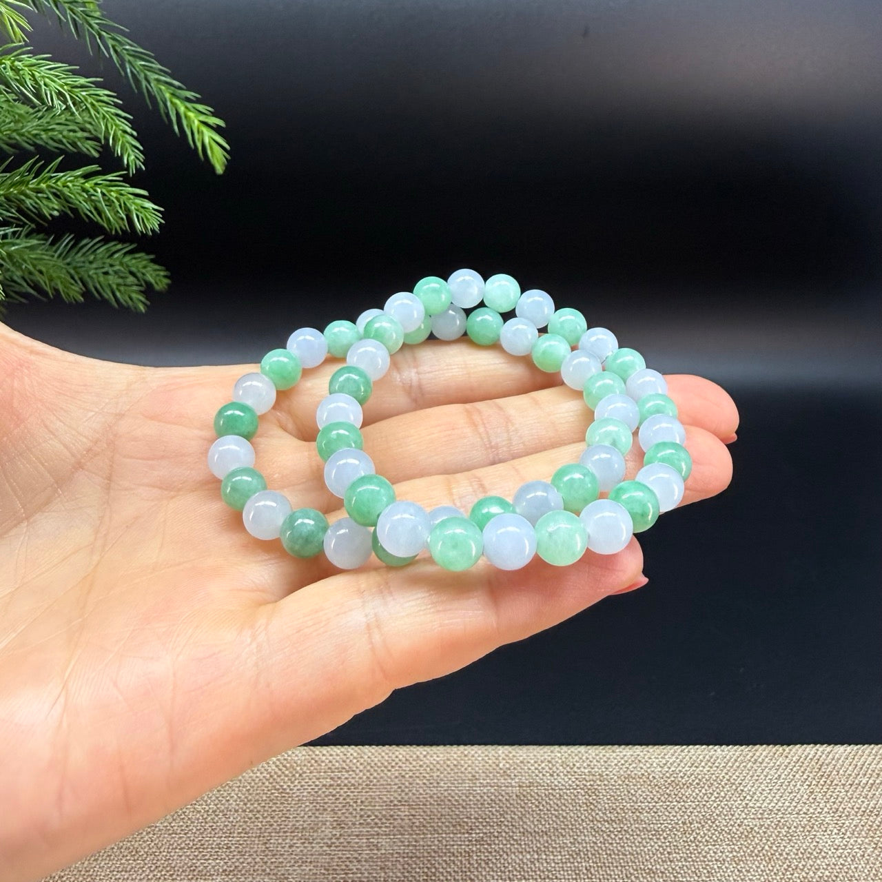 RealJade® Co. Genuine Jadeite Jade Round White Green  Beads Bracelet (6.9mm)