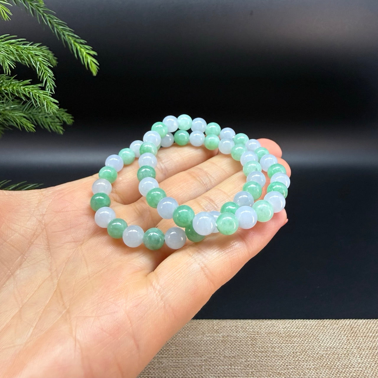 RealJade® Co. Genuine Jadeite Jade Round White Green  Beads Bracelet (6.9mm)