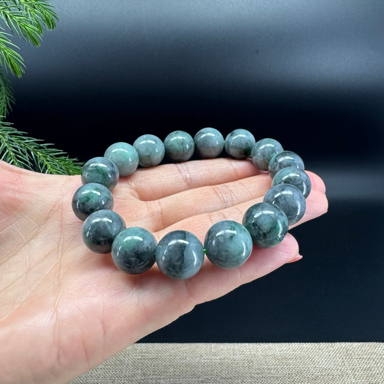 RealJade® Genuine Jadeite Jade Round Wuji & Green Beads Bracelet ( 13.5mm )