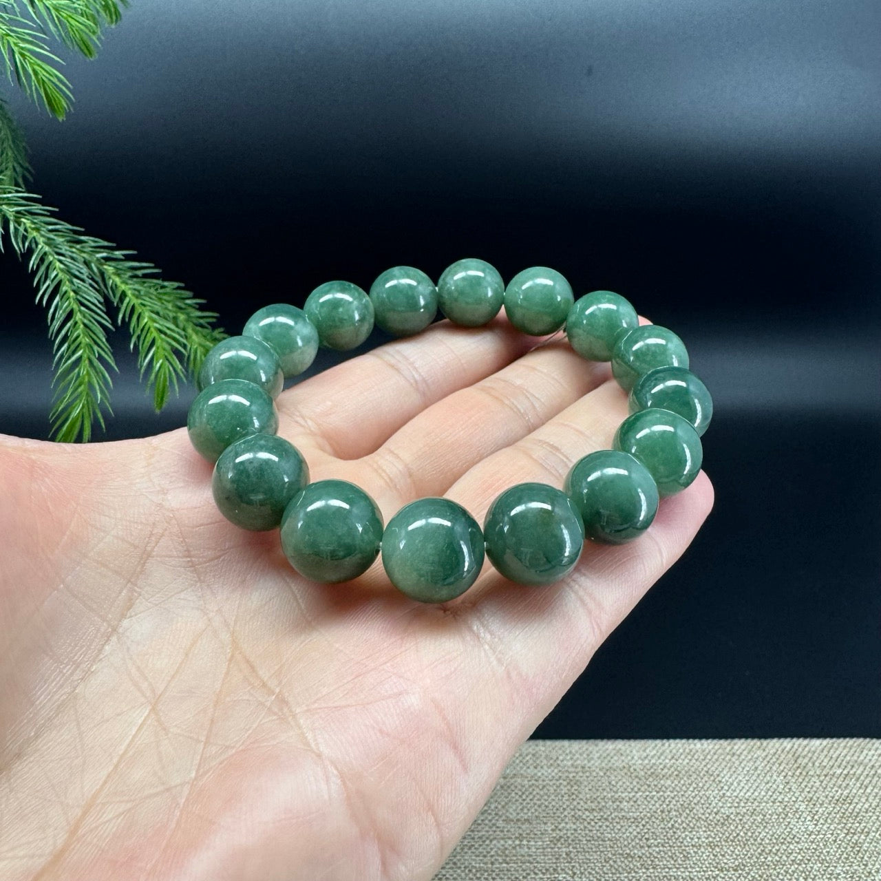 RealJade® Genuine Jadeite Jade Round Forest Green Beads Bracelet ( 12.5 mm )