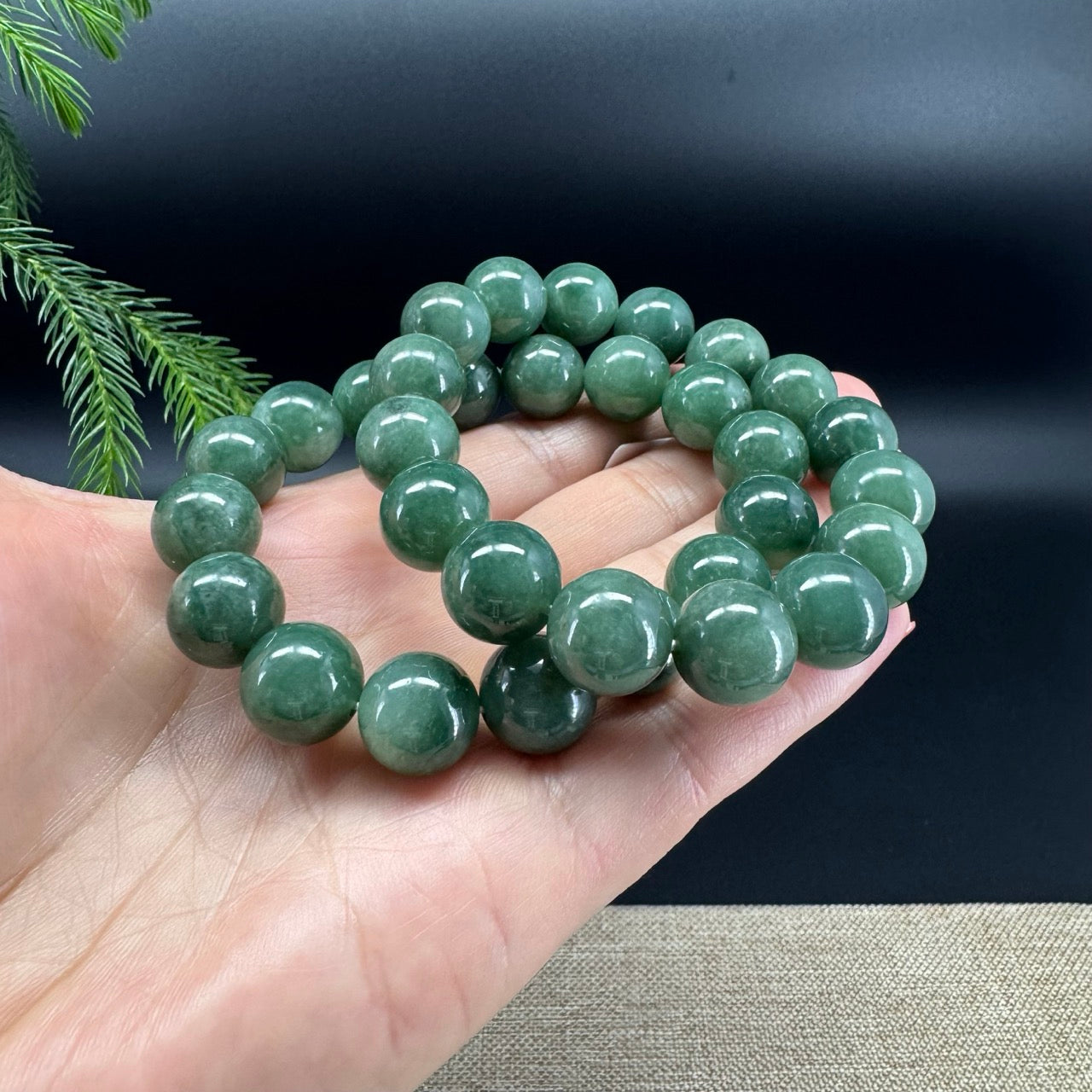 RealJade® Genuine Jadeite Jade Round Forest Green Beads Bracelet ( 12.5 mm )