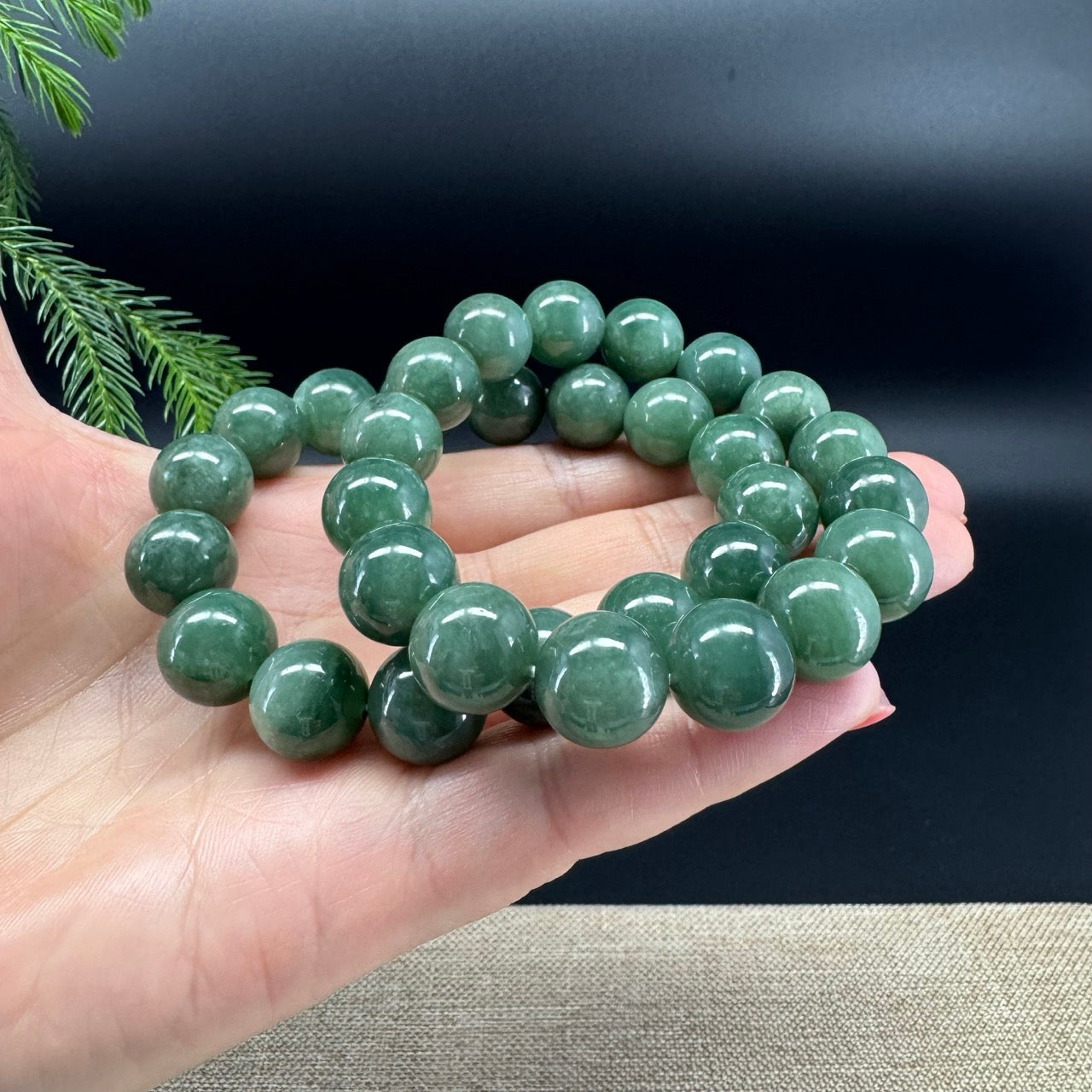 RealJade® Genuine Jadeite Jade Round Forest Green Beads Bracelet ( 12.5 mm )