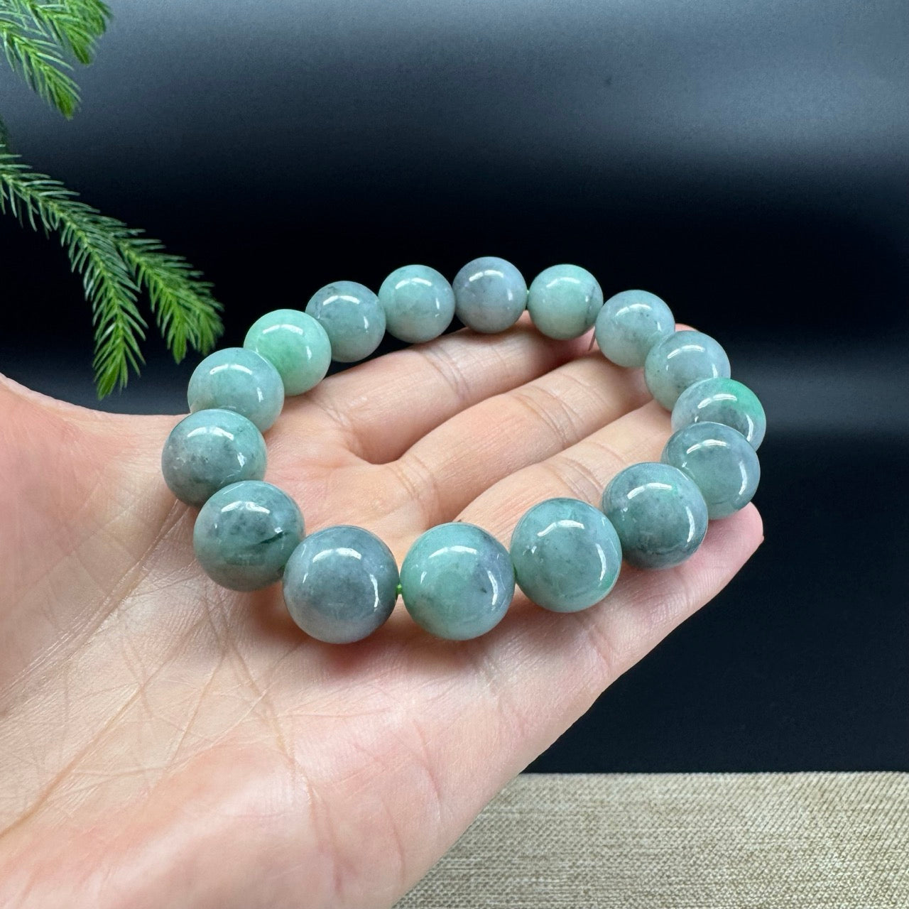 RealJade® Genuine Jadeite Jade Round Light Wuji & Green Beads Bracelet ( 13.5mm )