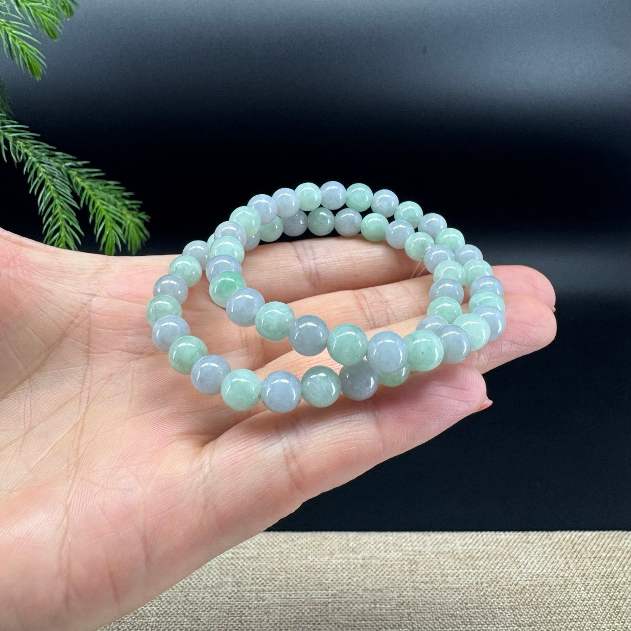 RealJade® Co. Genuine Jadeite Jade Round Light Lavender & Green Beads Bracelet (6.8mm)