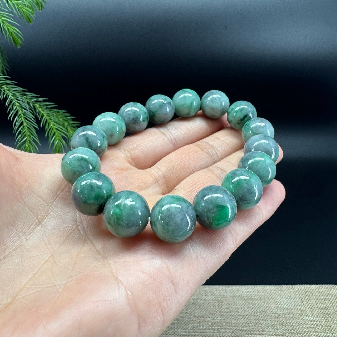 RealJade® Genuine Jadeite Jade Round Light Wuji & Green Beads Bracelet ( 13.5mm )