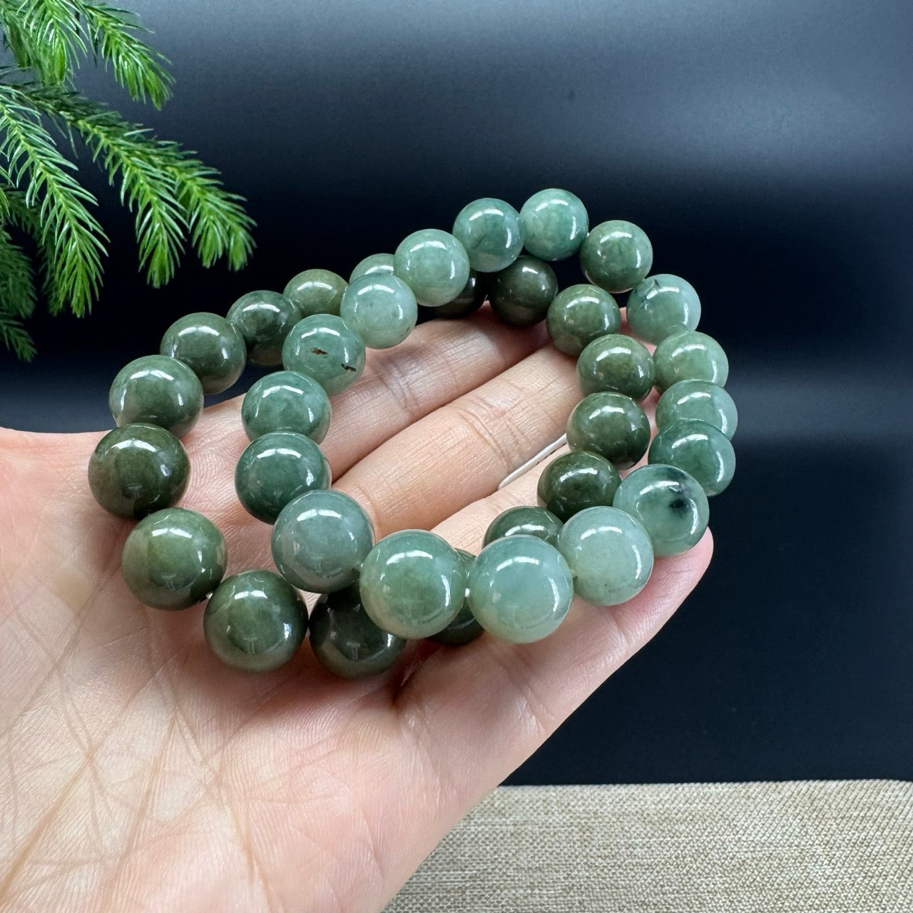 RealJade® Genuine Jadeite Jade Round Forest Green Beads Bracelet ( 12.5 mm )