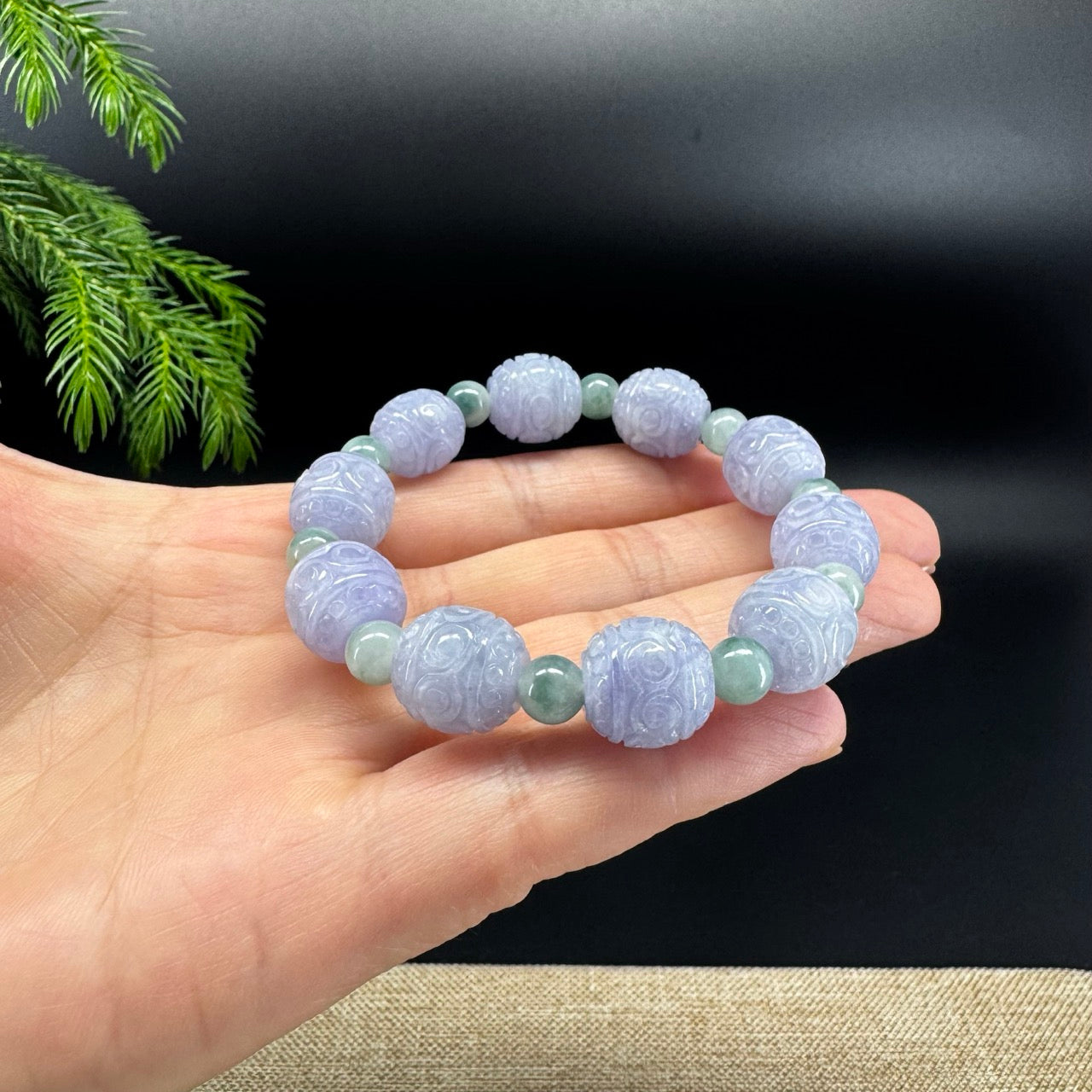 RealJade® Co. Genuine Lavender Jadeite Jade Carved Beads Bracelet (12mm)