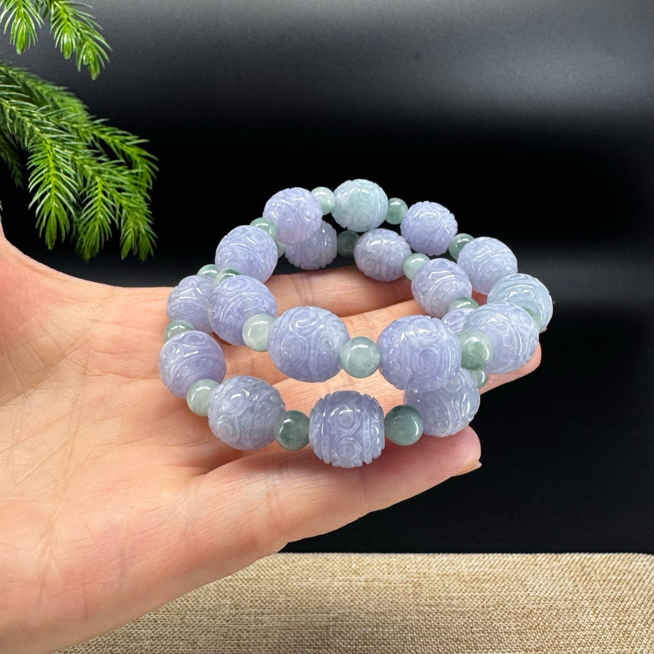 RealJade® Co. Genuine Lavender Jadeite Jade Carved Beads Bracelet (12mm)
