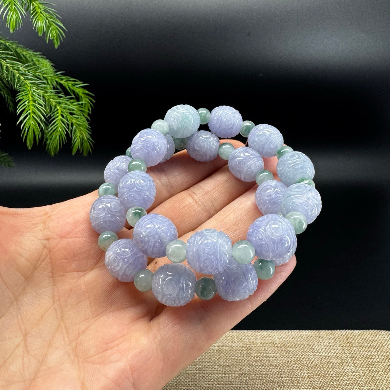 RealJade® Co. Genuine Lavender Jadeite Jade Carved Beads Bracelet (12mm)