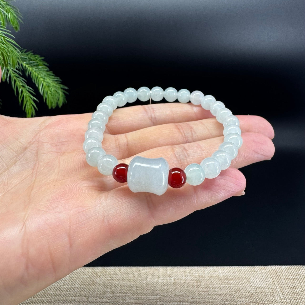 RealJade® Co. Genuine Light Green Jadeite Jade Round & Bamboo Beads Bracelet (7mm)