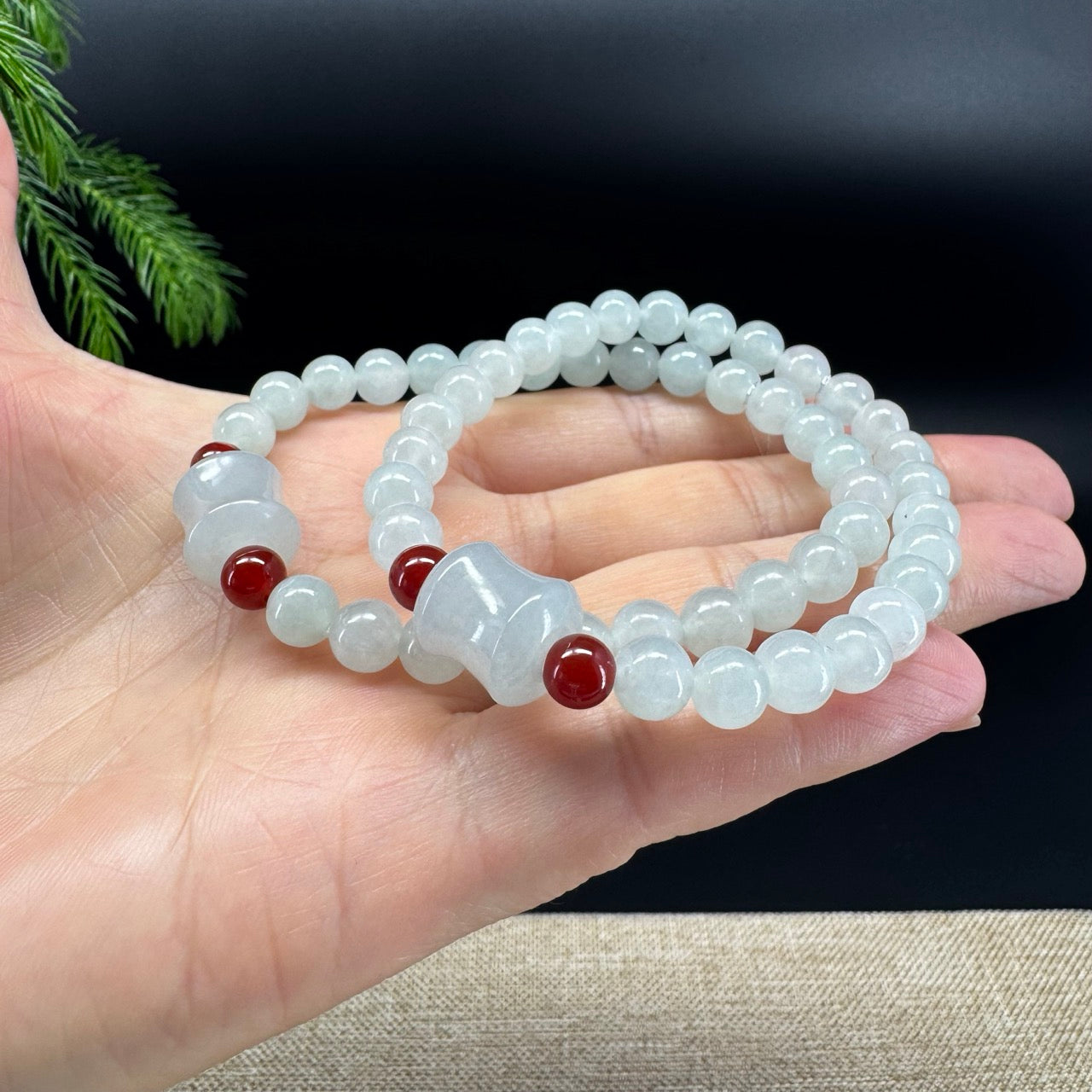 RealJade® Co. Genuine Light Green Jadeite Jade Round & Bamboo Beads Bracelet (7mm)