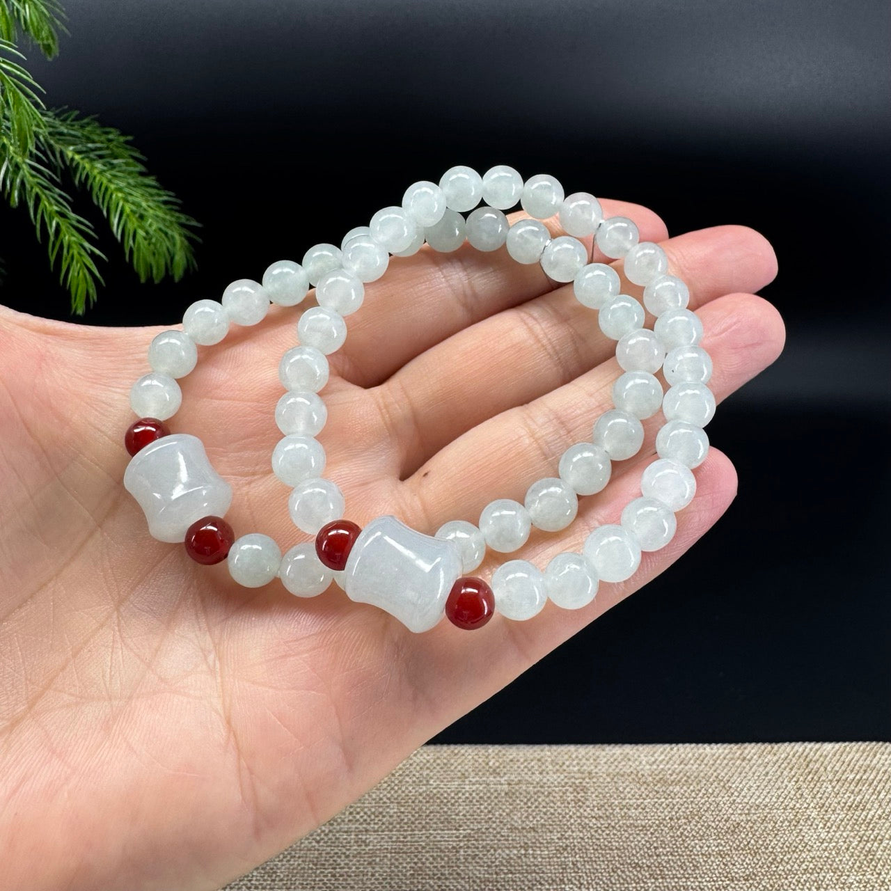 RealJade® Co. Genuine Light Green Jadeite Jade Round & Bamboo Beads Bracelet (7mm)