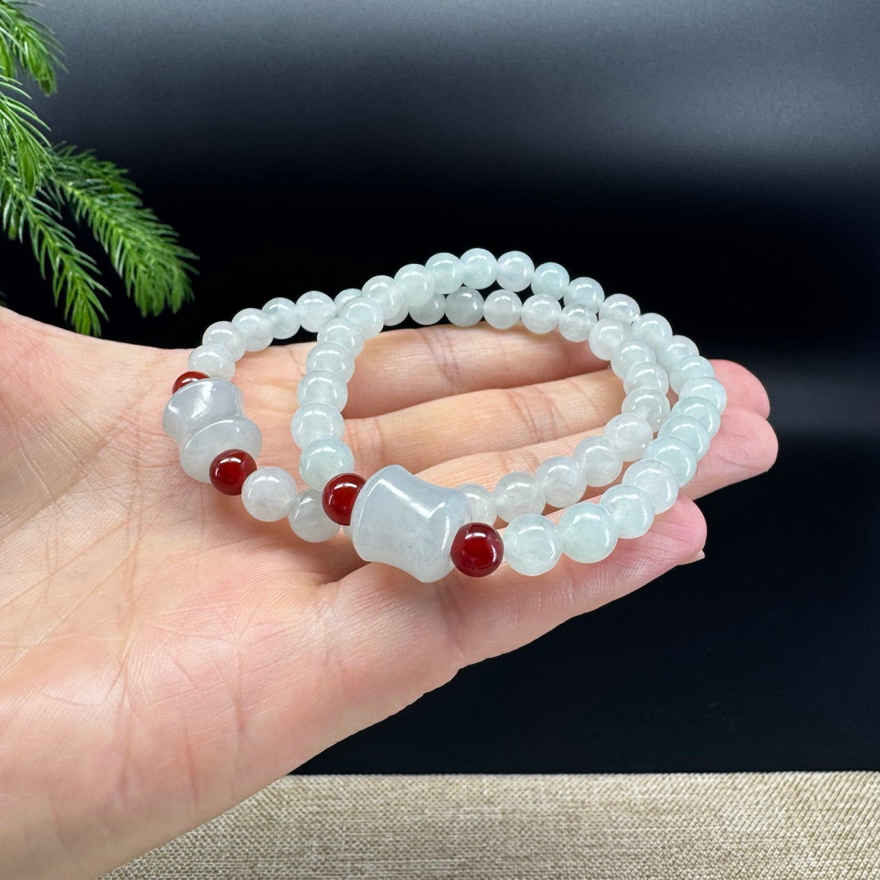 RealJade® Co. Genuine Light Green Jadeite Jade Round & Bamboo Beads Bracelet (7mm)