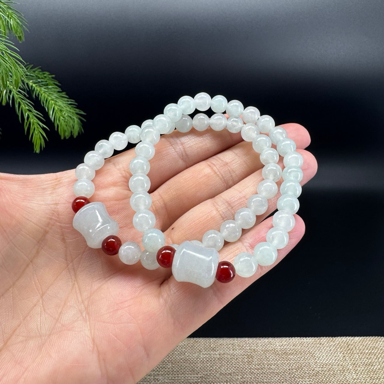 RealJade® Co. Genuine Light Green Jadeite Jade Round & Bamboo Beads Bracelet (7mm)