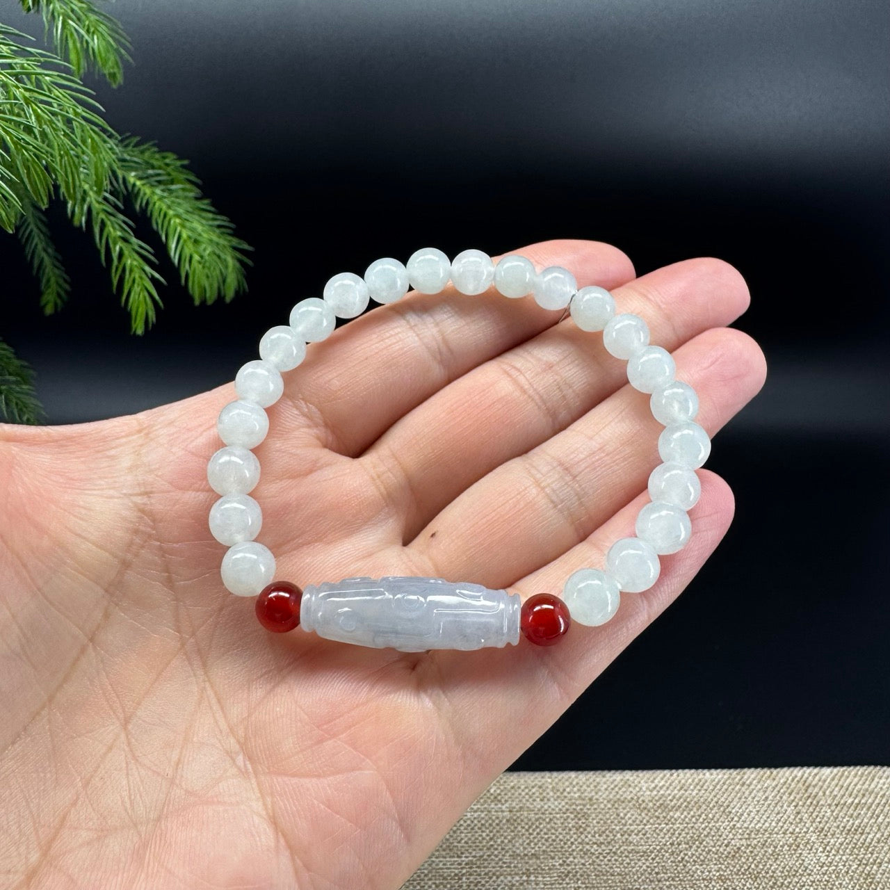 RealJade® Co. Genuine Jadeite Jade Round Light Green Dzi Beads Bracelet (7mm)