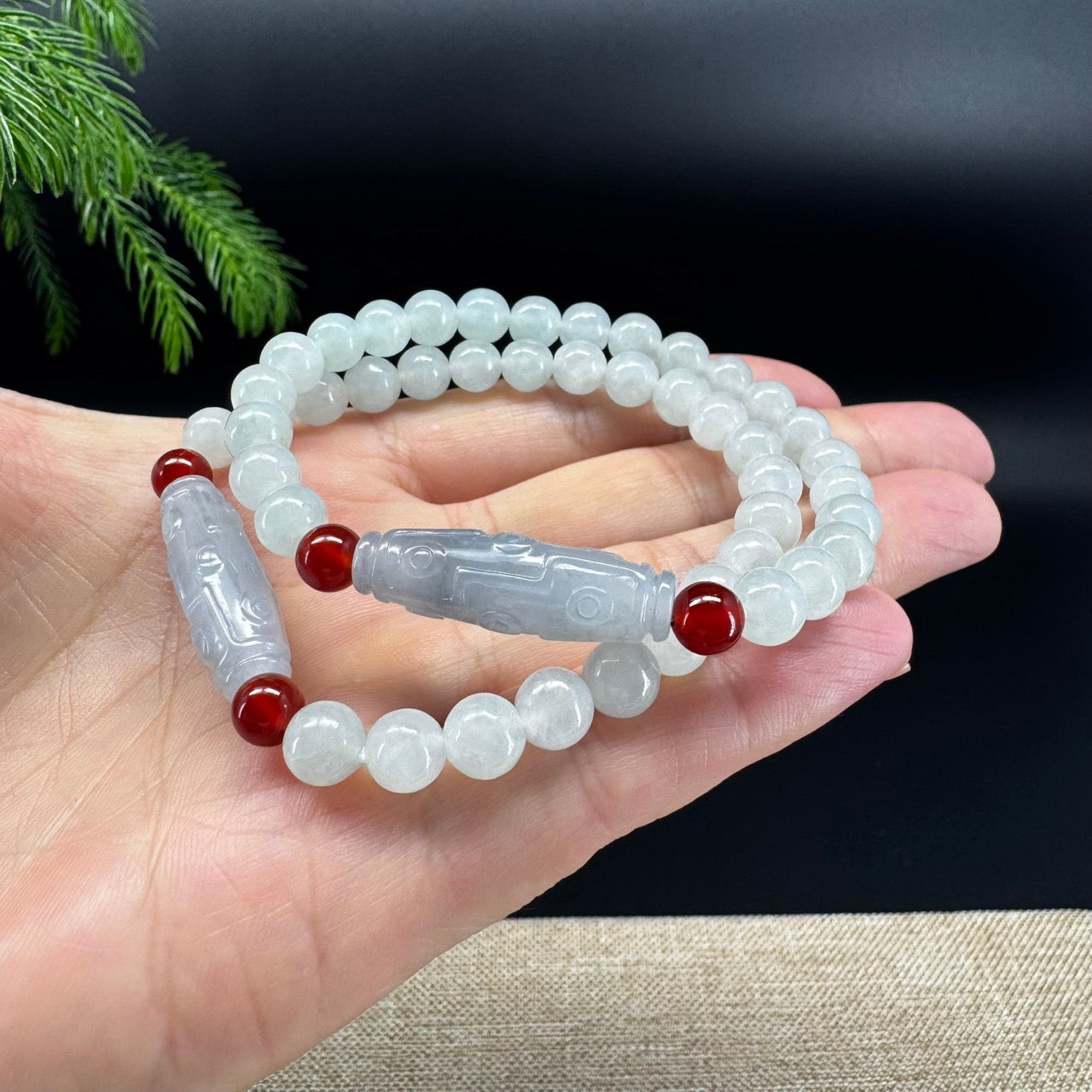 RealJade® Co. Genuine Jadeite Jade Round Light Green Dzi Beads Bracelet (7mm)