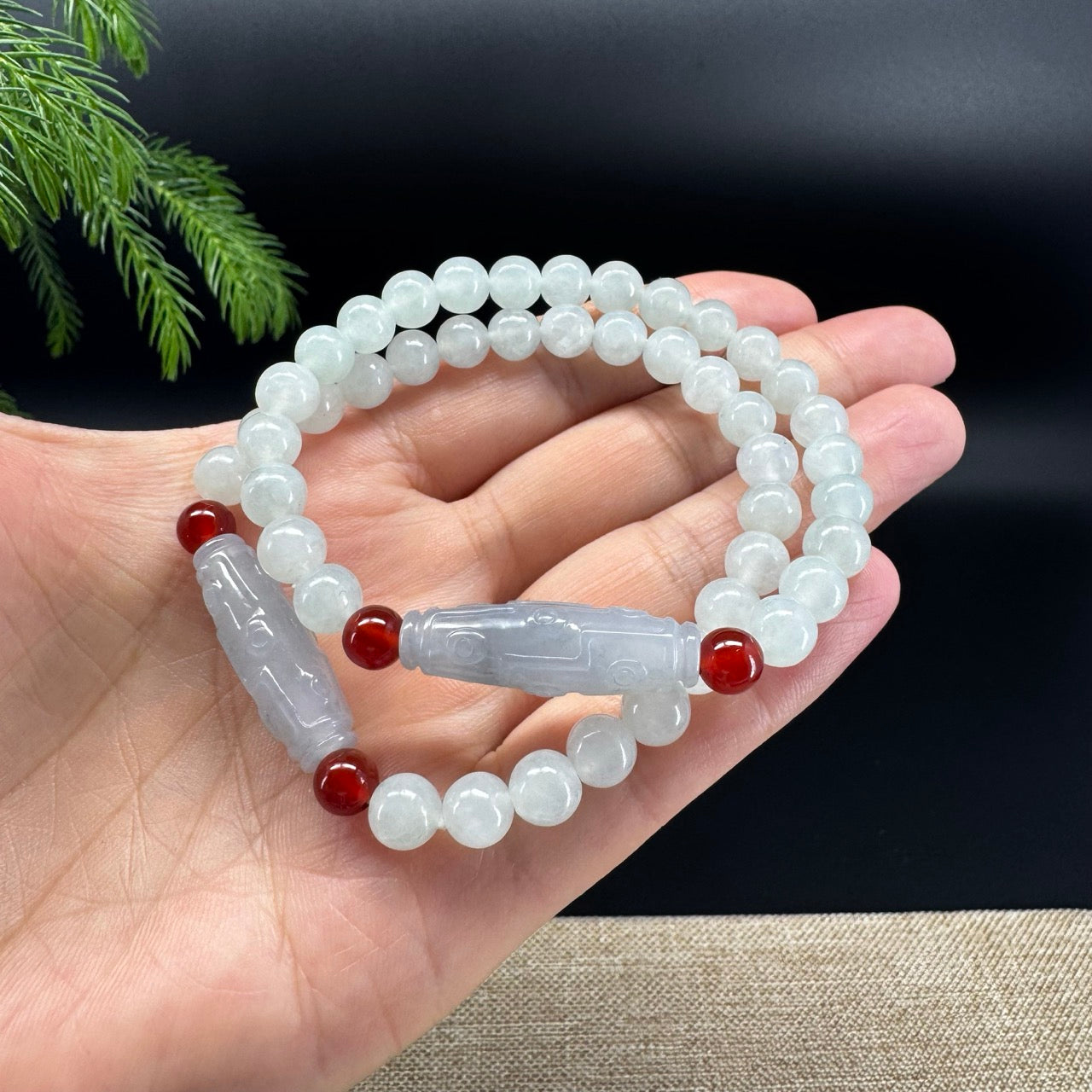 RealJade® Co. Genuine Jadeite Jade Round Light Green Dzi Beads Bracelet (7mm)