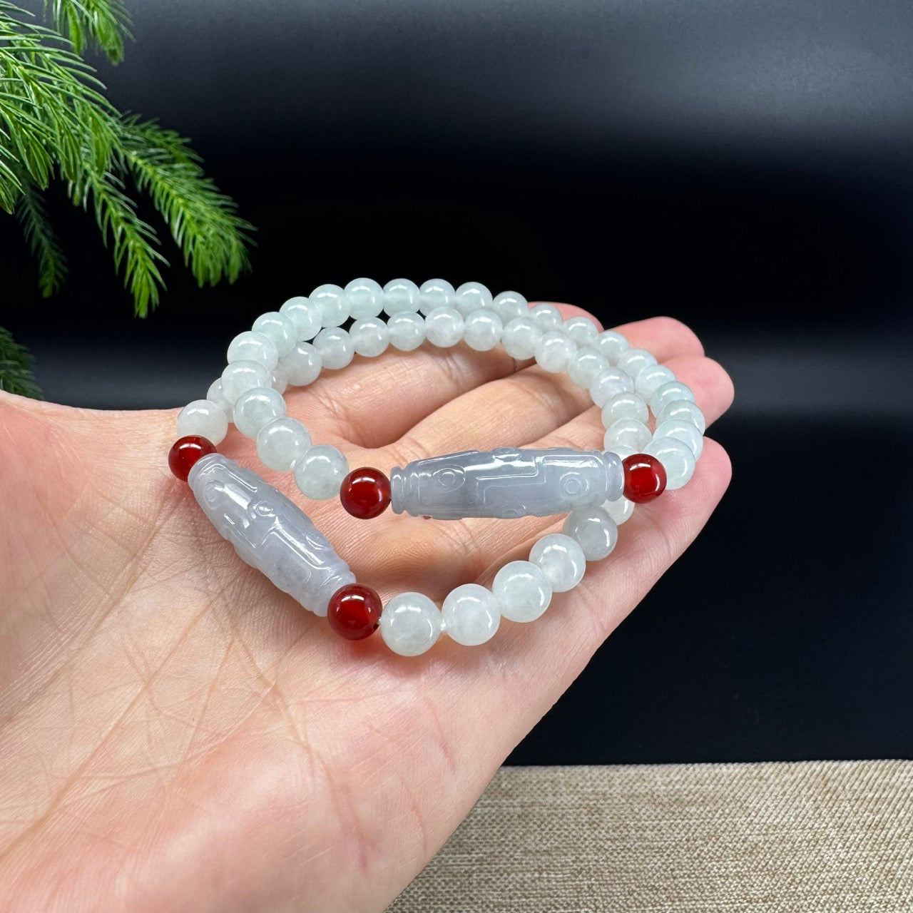 RealJade® Co. Genuine Jadeite Jade Round Light Green Dzi Beads Bracelet (7mm)