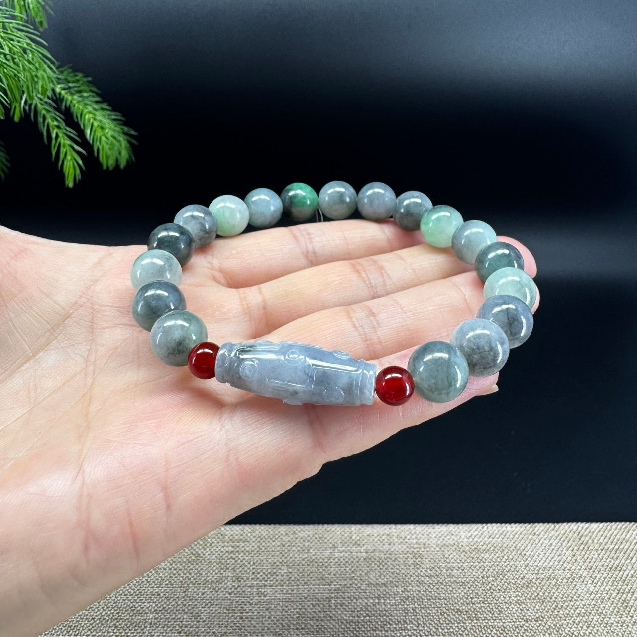 RealJade® Co. Genuine Jadeite Jade Green & Wuji Dzi Beads Bracelet (10.2mm)