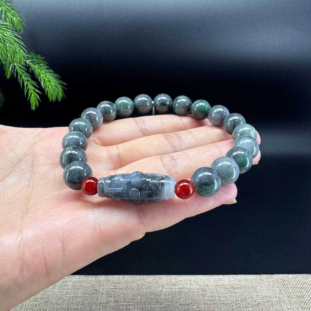 RealJade® Co. Genuine Jadeite Jade Green & Wuji Dzi Beads Bracelet (10.2mm)