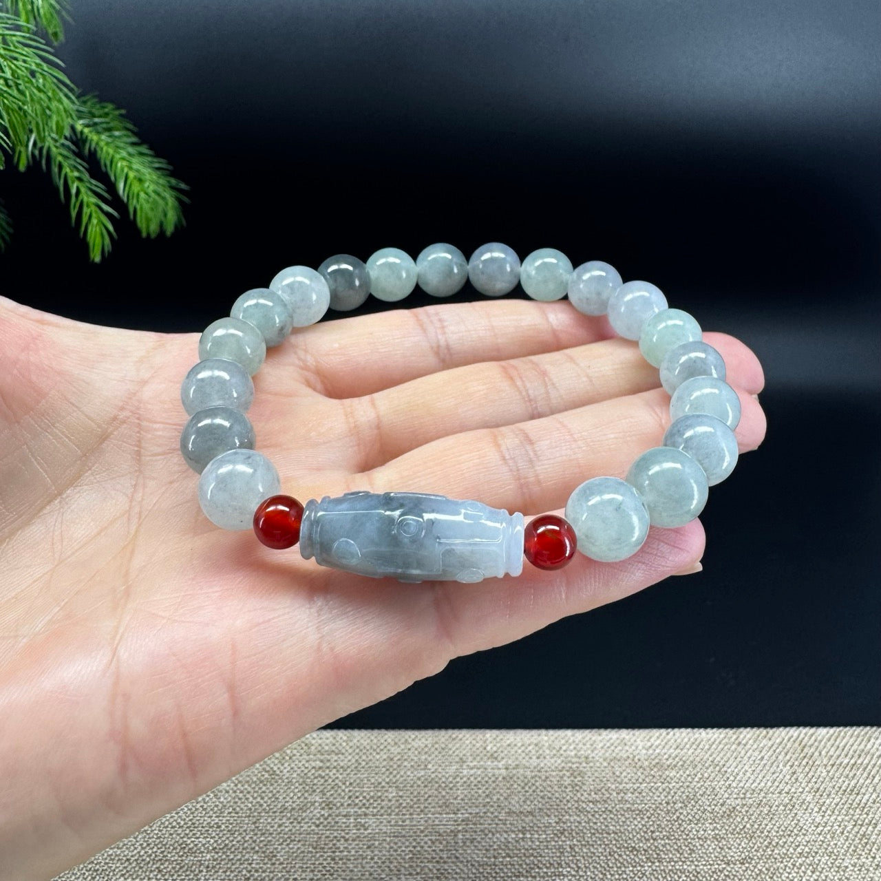 RealJade® Co. Genuine Jadeite Jade Green & Wuji Dzi Beads Bracelet (10.2mm)