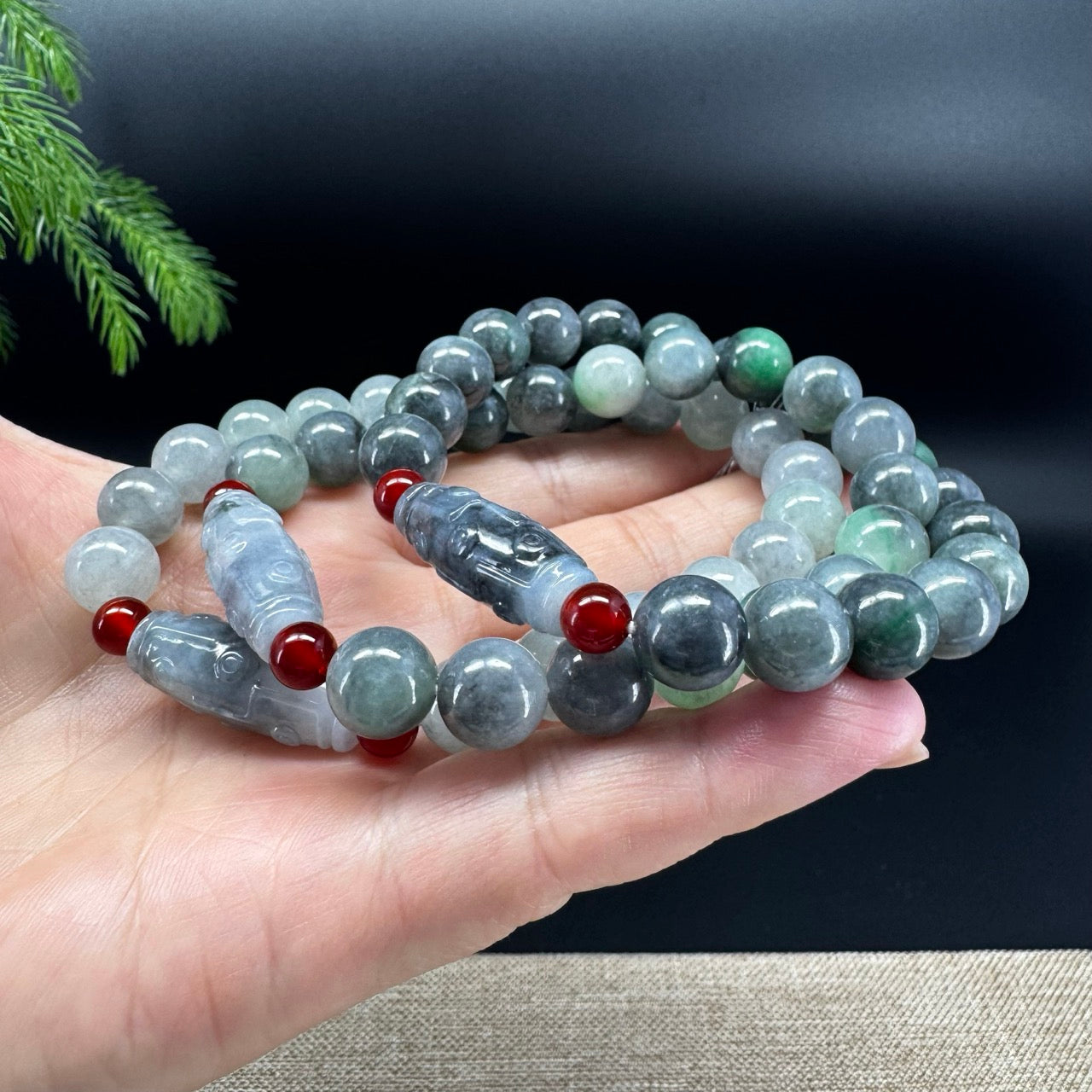 RealJade® Co. Genuine Jadeite Jade Green & Wuji Dzi Beads Bracelet (10.2mm)