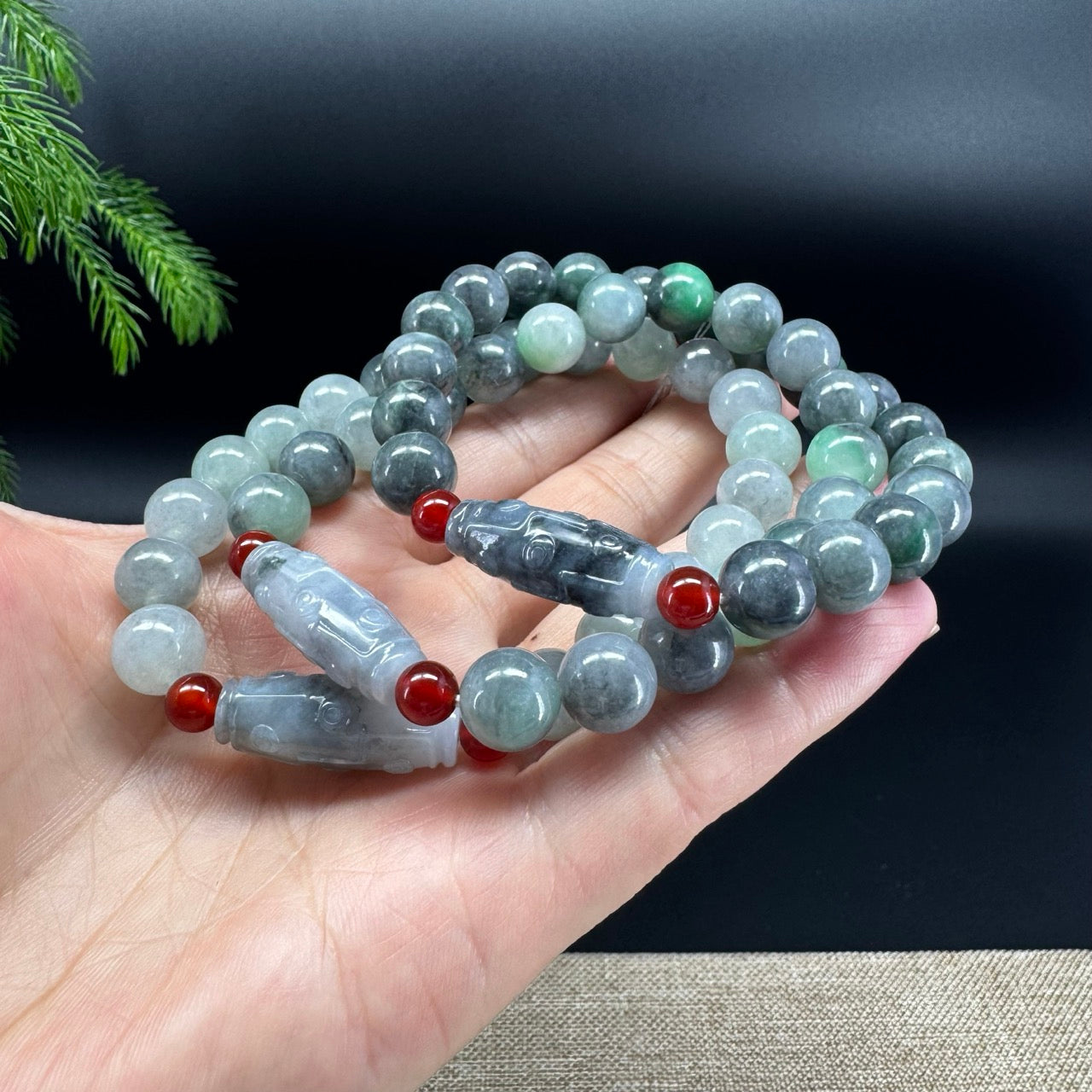RealJade® Co. Genuine Jadeite Jade Green & Wuji Dzi Beads Bracelet (10.2mm)