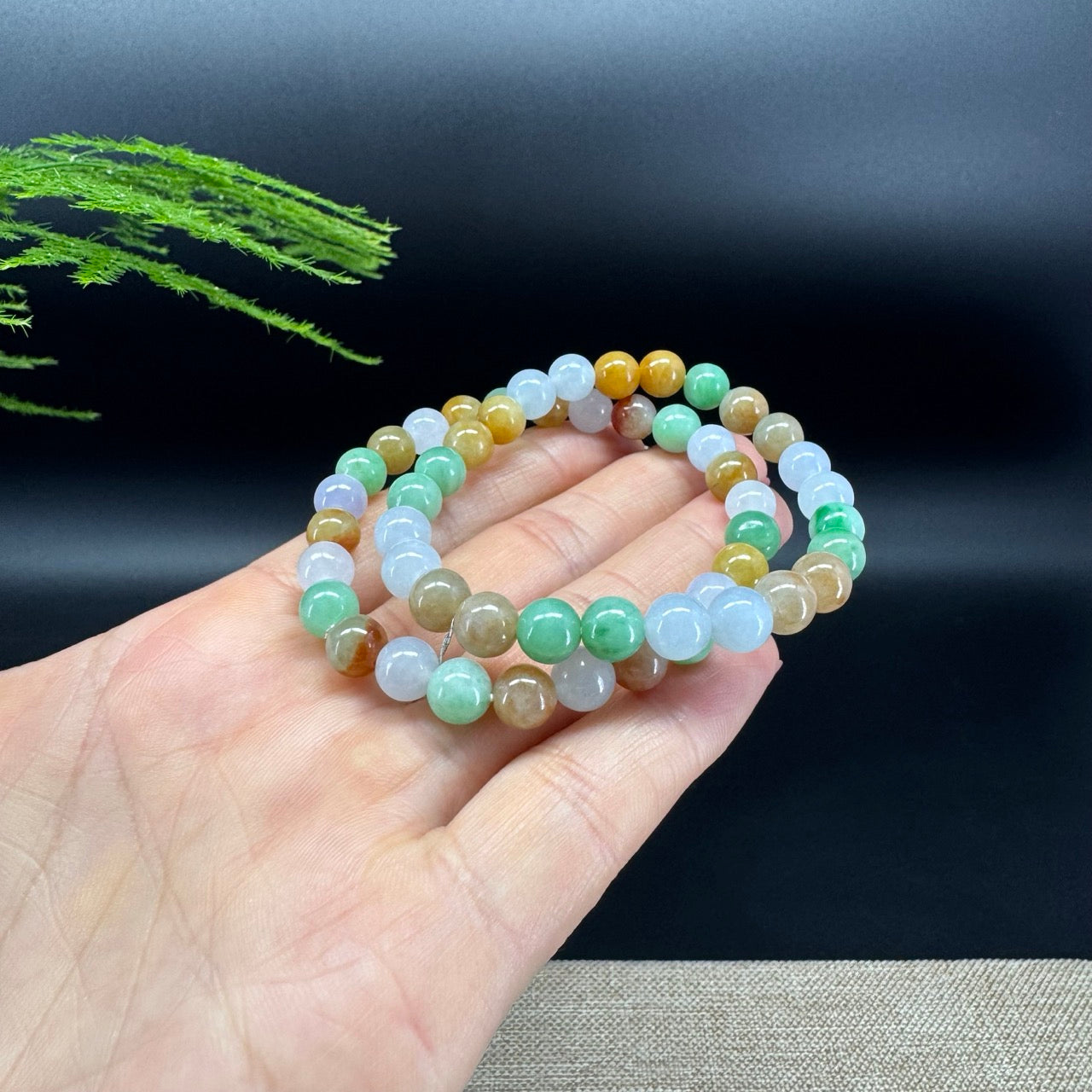 RealJade® Co. Genuine Jadeite Jade Round Multicolor Beads Bracelet (7.4mm)
