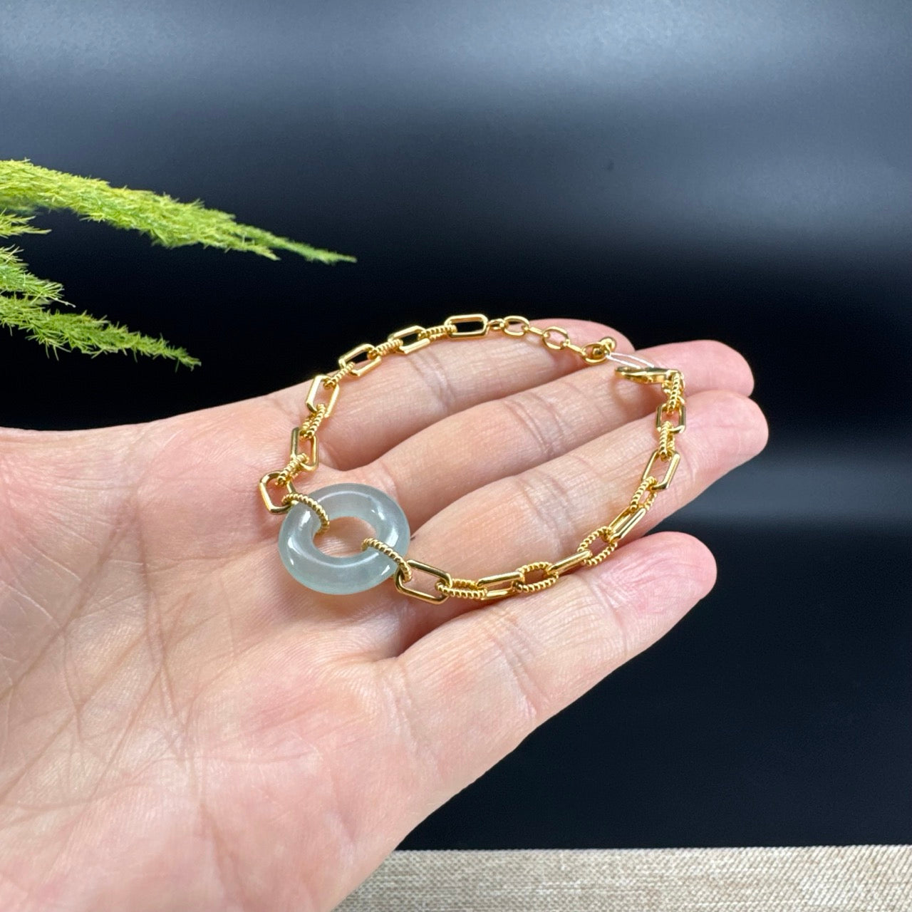 Genuine 18K Yellow Gold  Icy Blue Jadeite Jade KouKou Bracelet