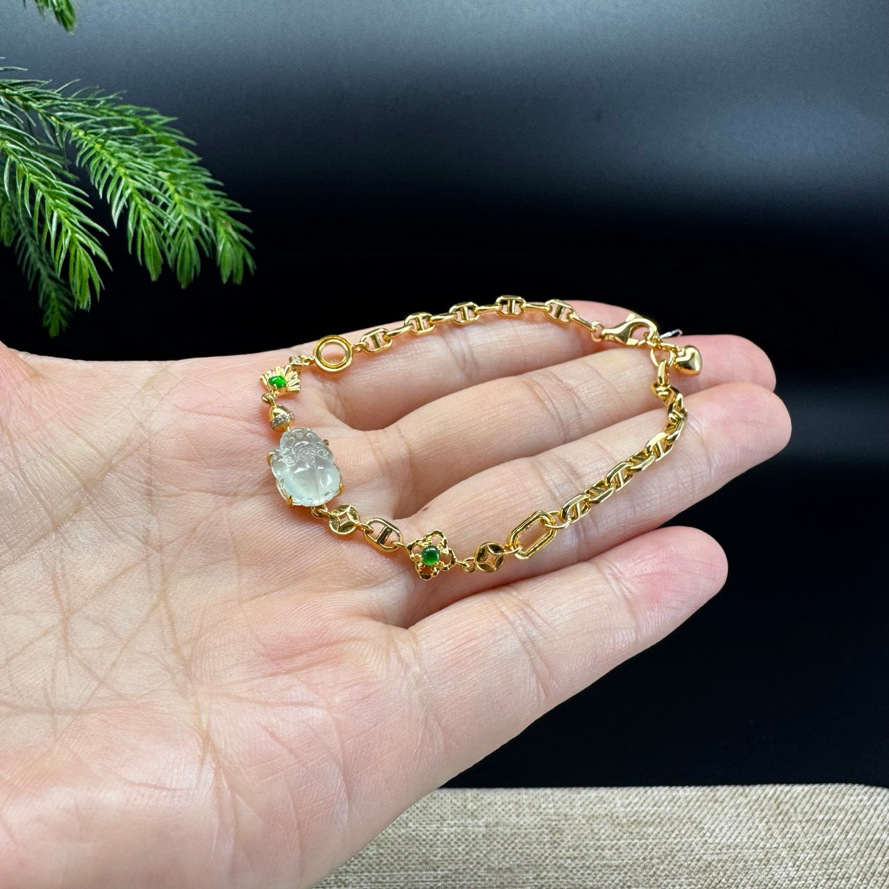 18K Yellow Gold Bracelet Set With Icy Green Jadeite Jade Pixiu