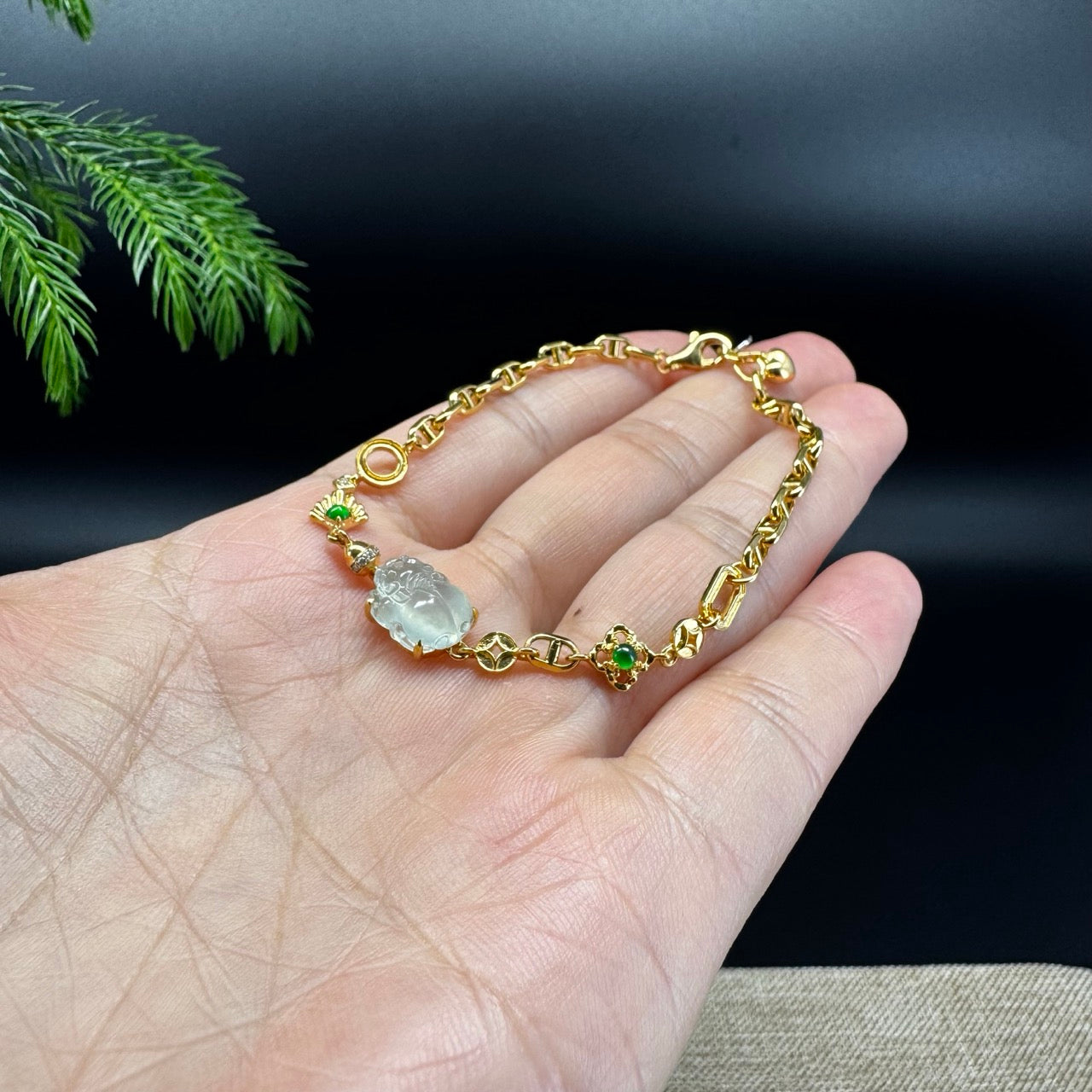 18K Yellow Gold Bracelet Set With Icy Green Jadeite Jade Pixiu