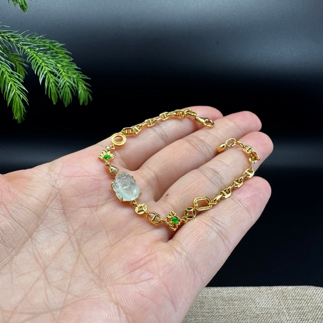 18K Yellow Gold Bracelet Set With Icy Green Jadeite Jade Pixiu
